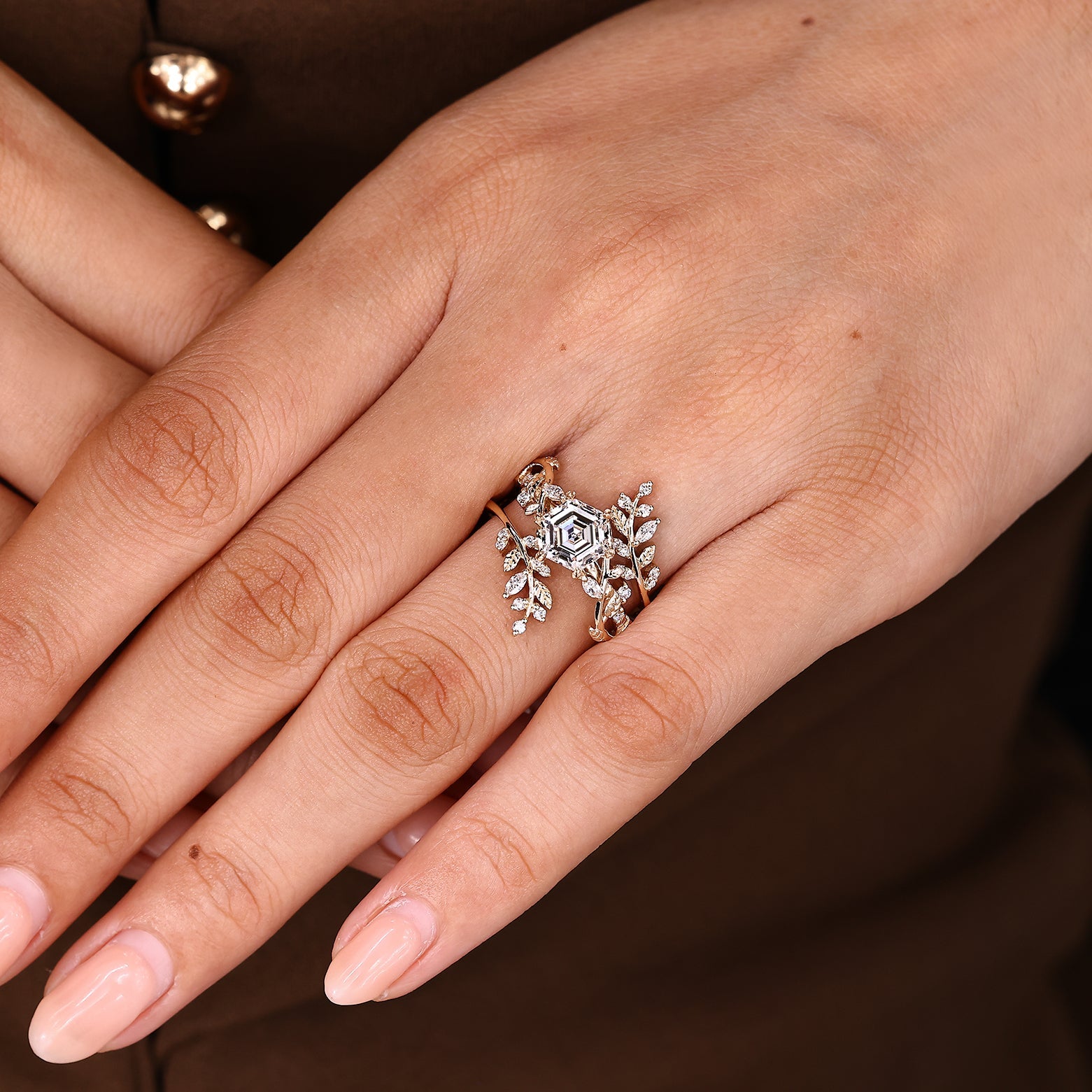 Hexagon Engagement Ring With Wedding Band In Nature Inspired Style