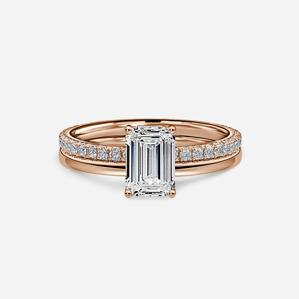 1.0 CT Emerald Cut Moissanite Hidden Halo & Pave Bridal Ring Set