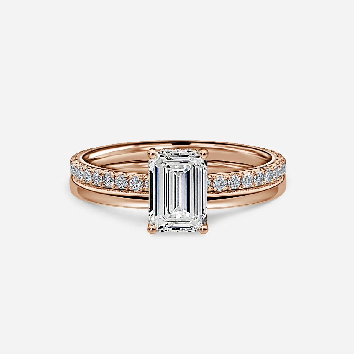 1.0 CT Emerald Cut Moissanite Hidden Halo & Pave Bridal Ring Set
