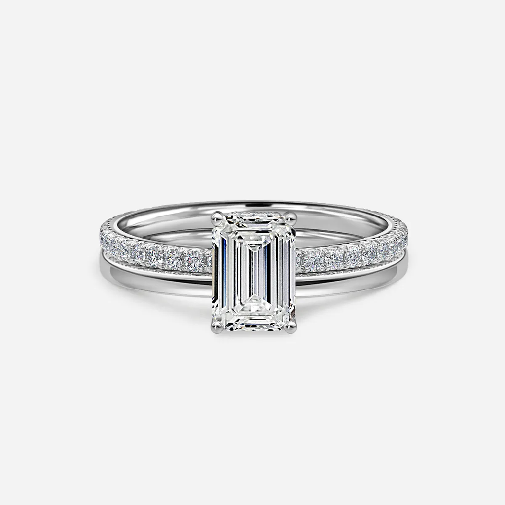 1.0 CT Emerald Cut Moissanite Hidden Halo & Pave Bridal Ring Set