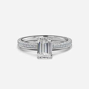 1.0 CT Emerald Cut Moissanite Hidden Halo & Pave Bridal Ring Set