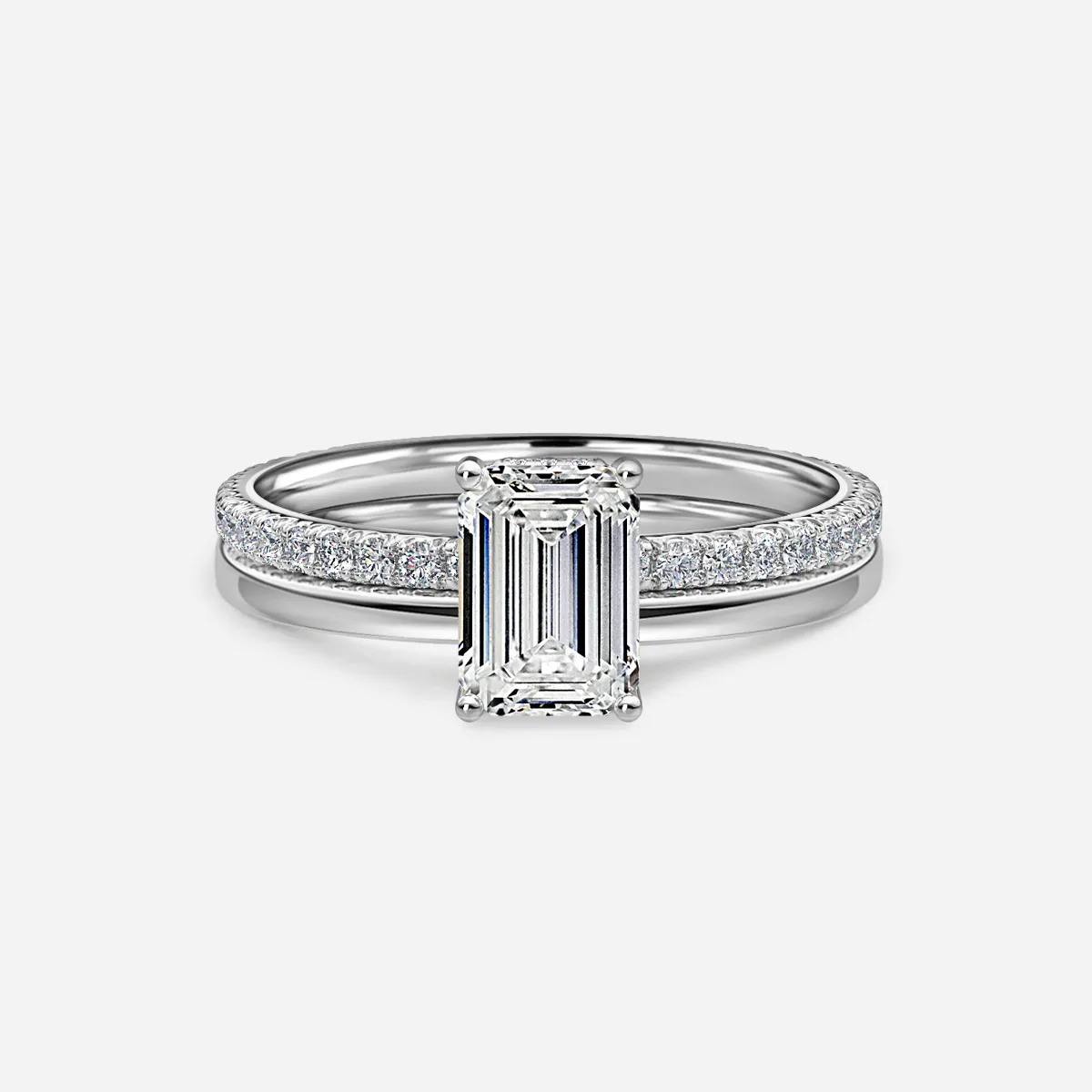 1.0 CT Emerald Cut Moissanite Hidden Halo & Pave Bridal Ring Set
