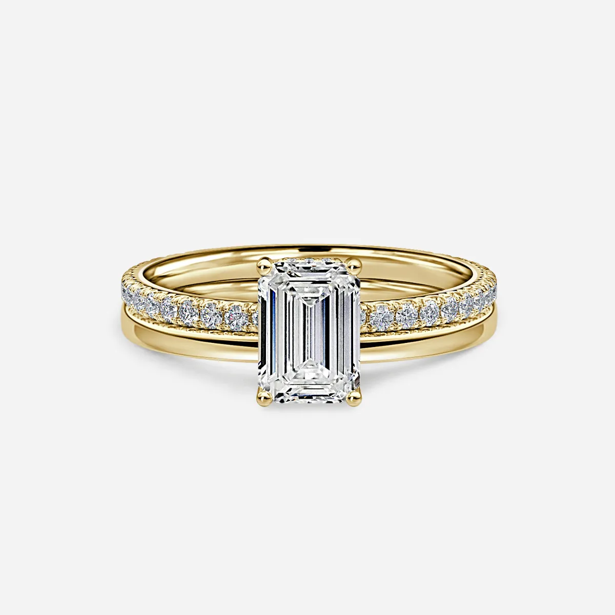 1.0 CT Emerald Cut Moissanite Hidden Halo & Pave Bridal Ring Set