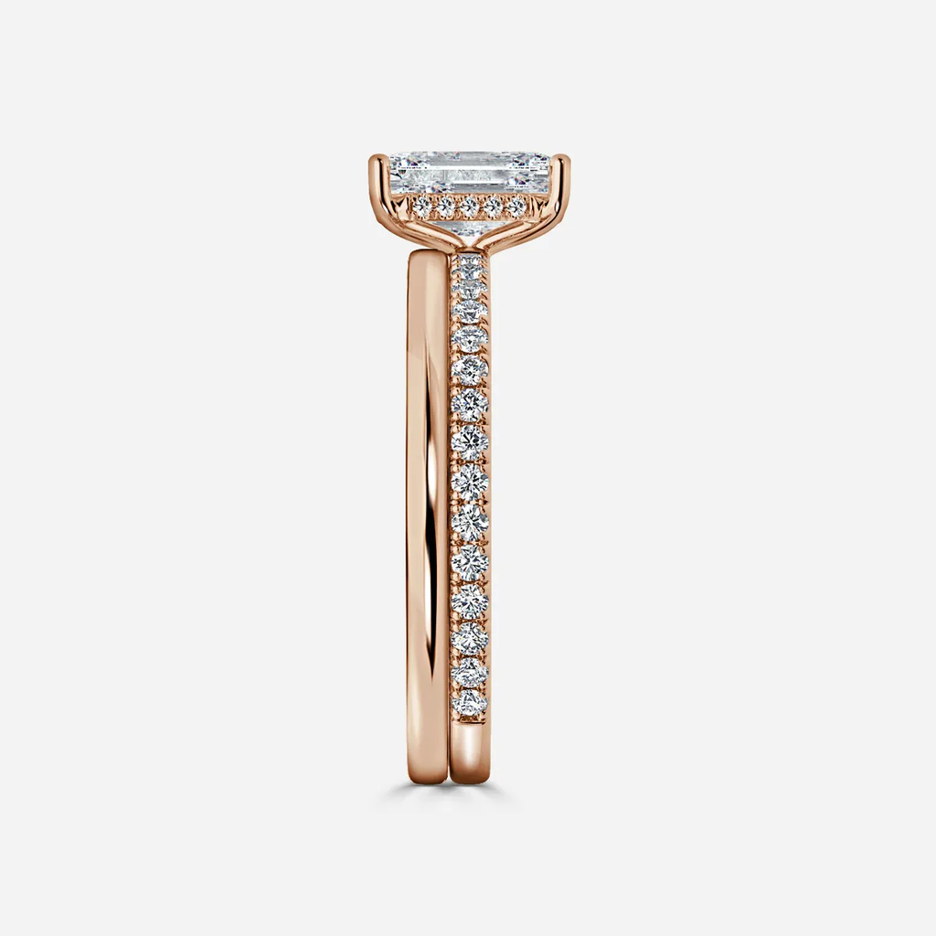 1.0 CT Emerald Cut Moissanite Hidden Halo & Pave Bridal Ring Set
