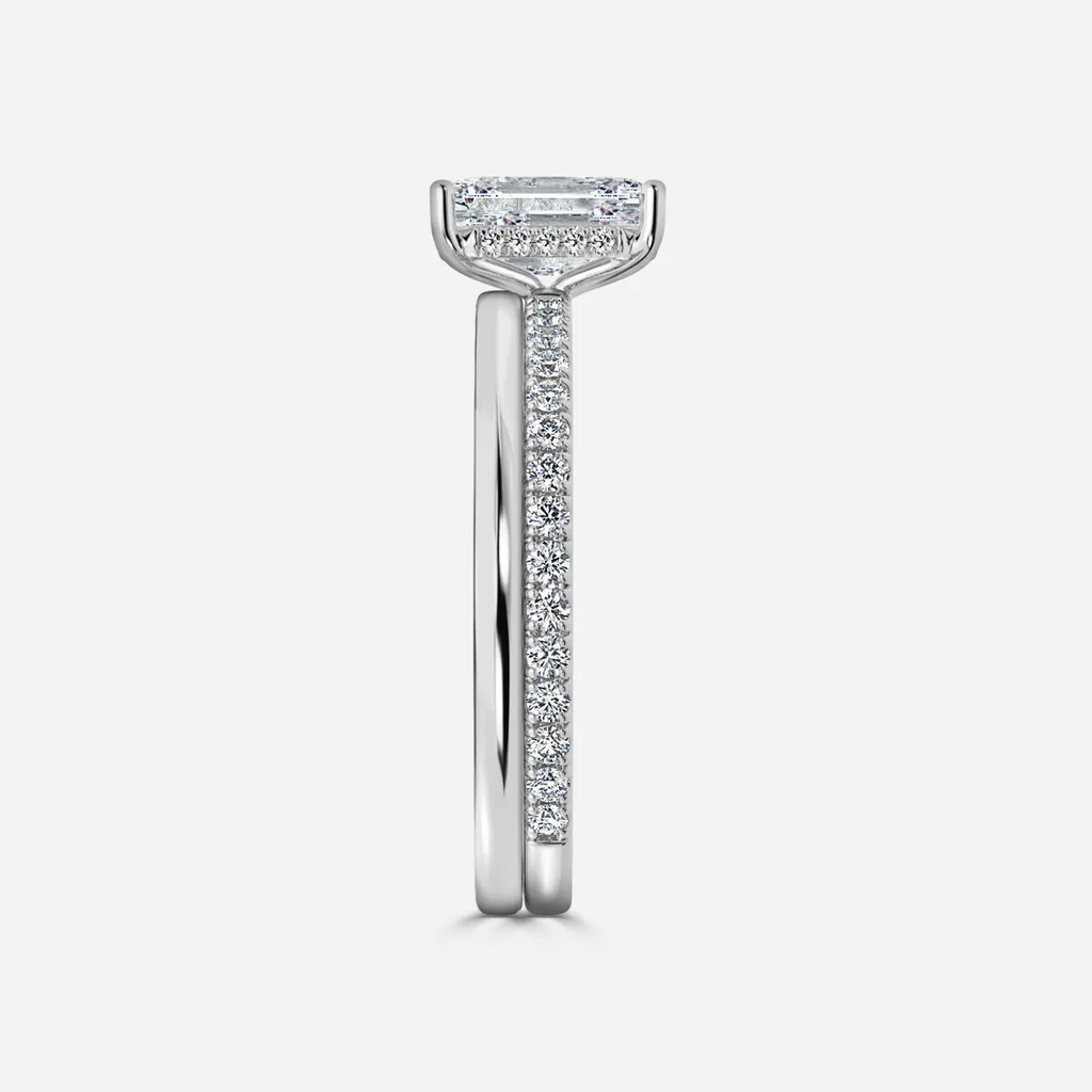 1.0 CT Emerald Cut Moissanite Hidden Halo & Pave Bridal Ring Set