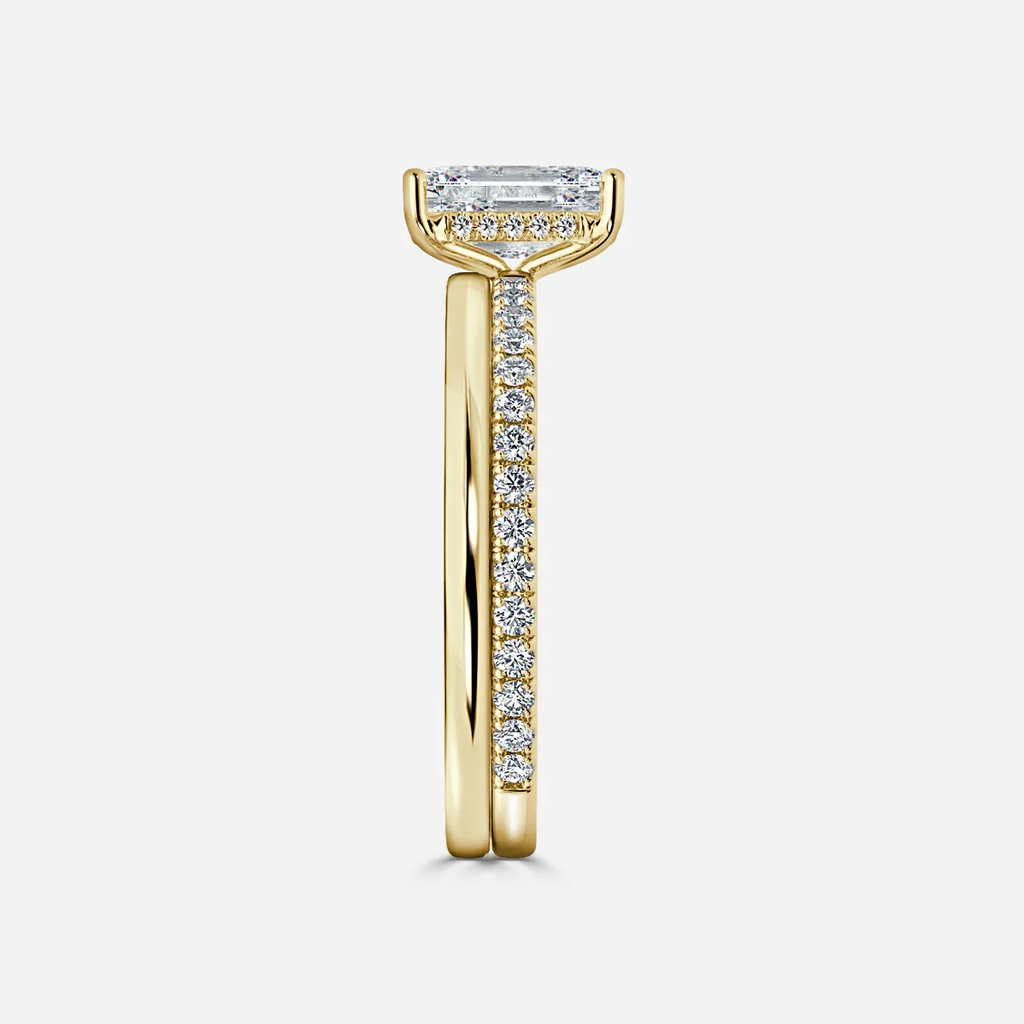1.0 CT Emerald Cut Moissanite Hidden Halo & Pave Bridal Ring Set