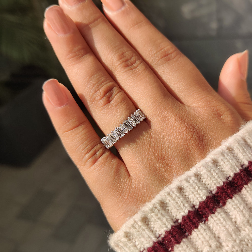 Baguette and Oval Half Eternity Band in Tapered Shank