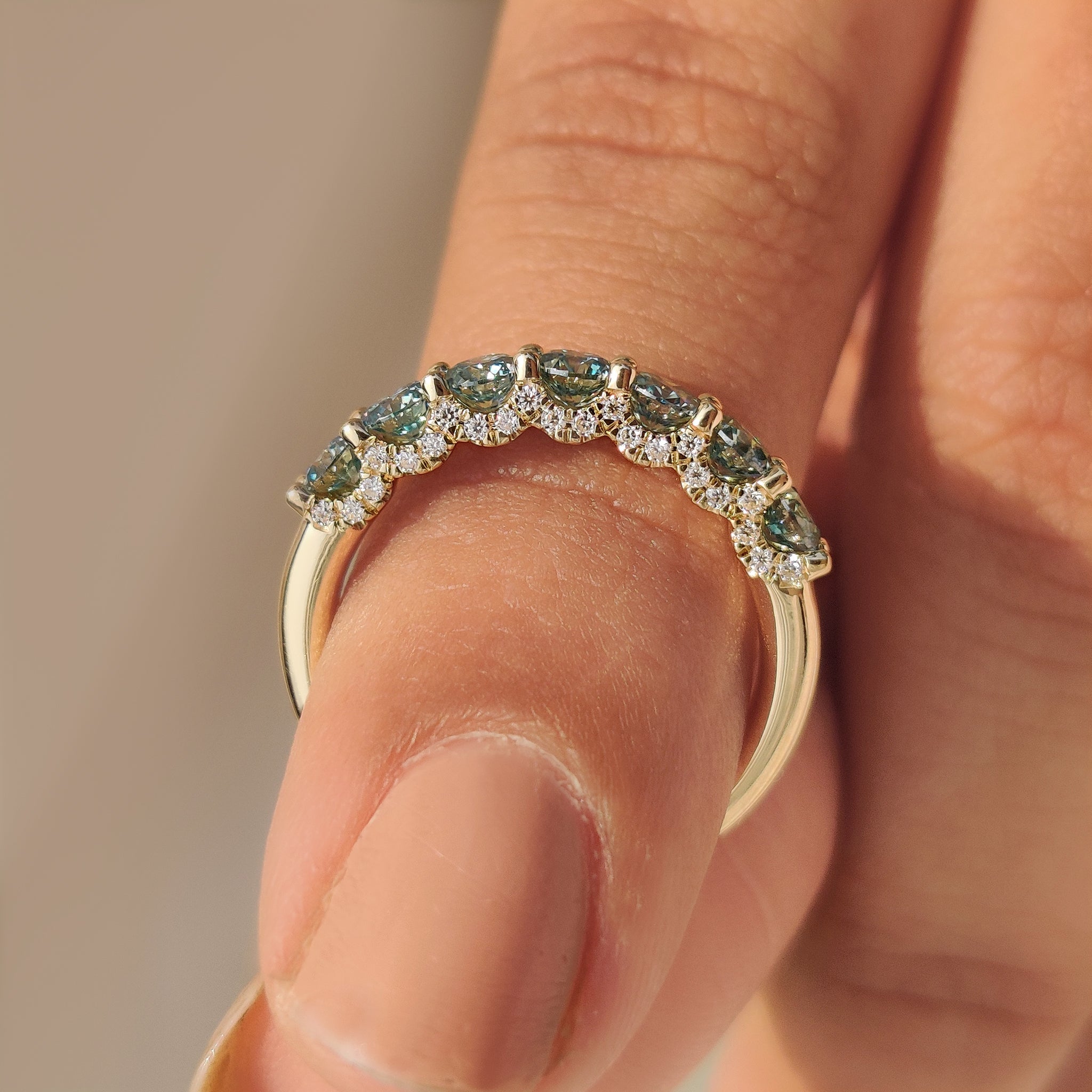 Blue Round Cut moissanite Half Eternity Wedding Band in Pave Style