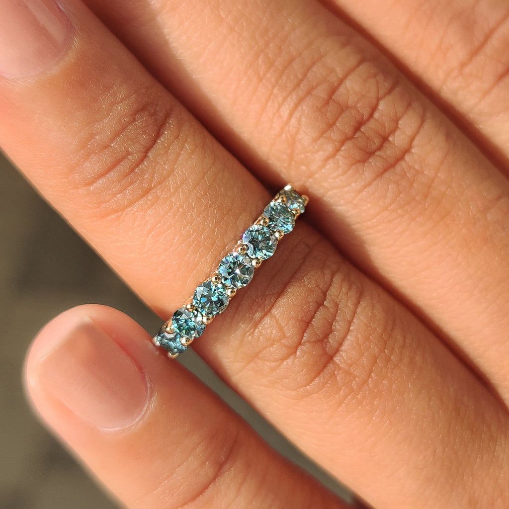 Blue Round Cut moissanite Half Eternity Wedding Band in Pave Style
