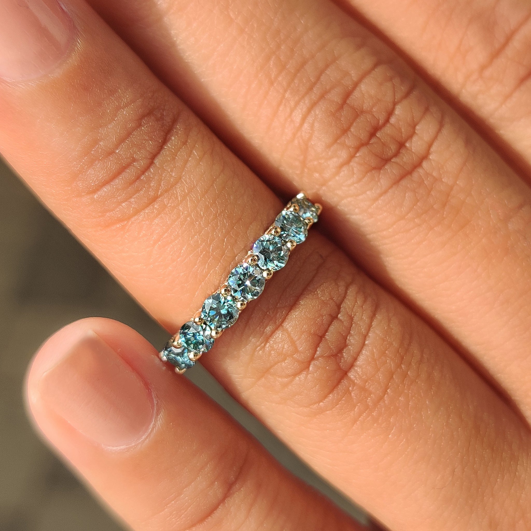 Blue Round Cut moissanite Half Eternity Wedding Band in Pave Style