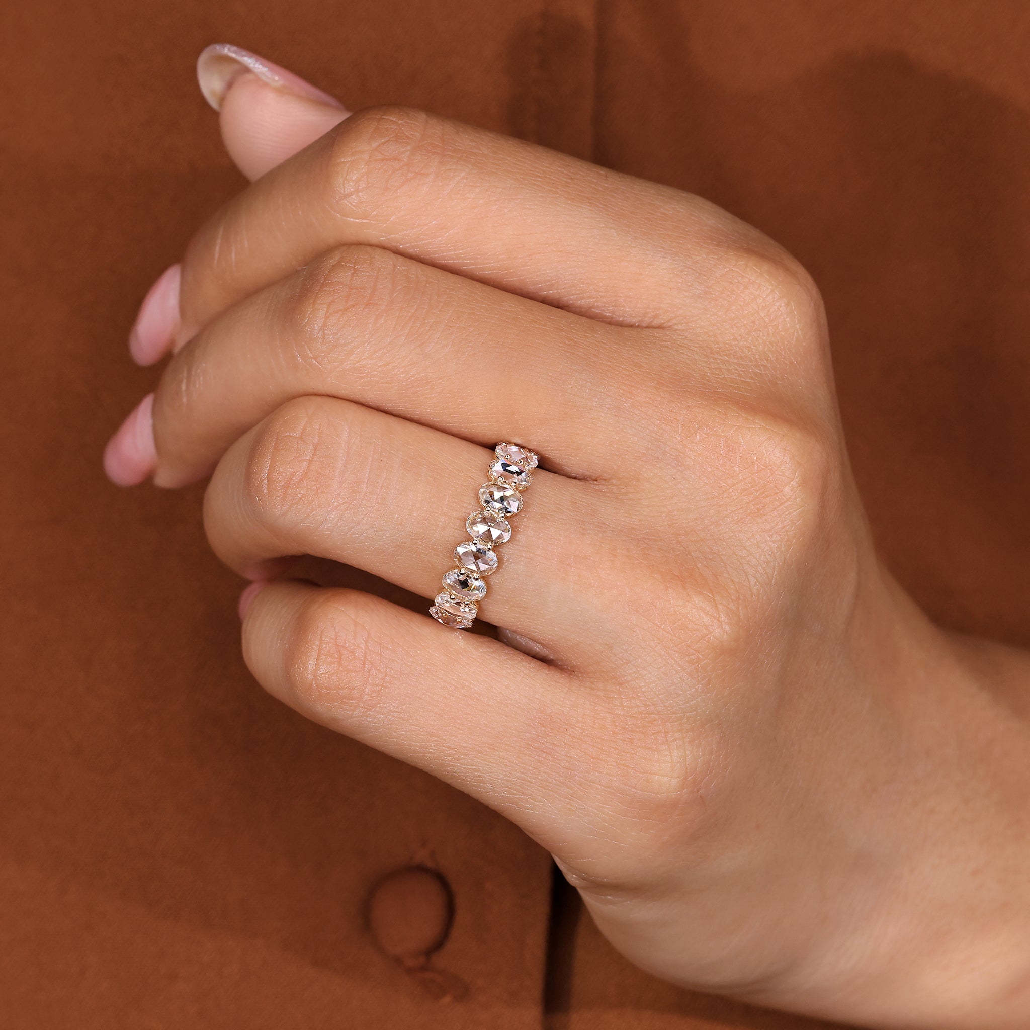 Oval Rose Cut Diamond Eternity Band with Shared Prong