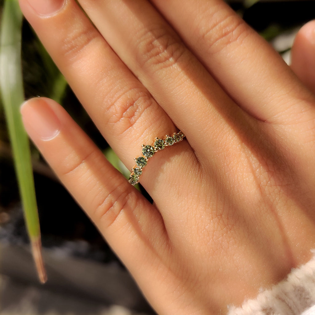 Green Round Diamond Half Eternity Wedding Band in Chevron Style