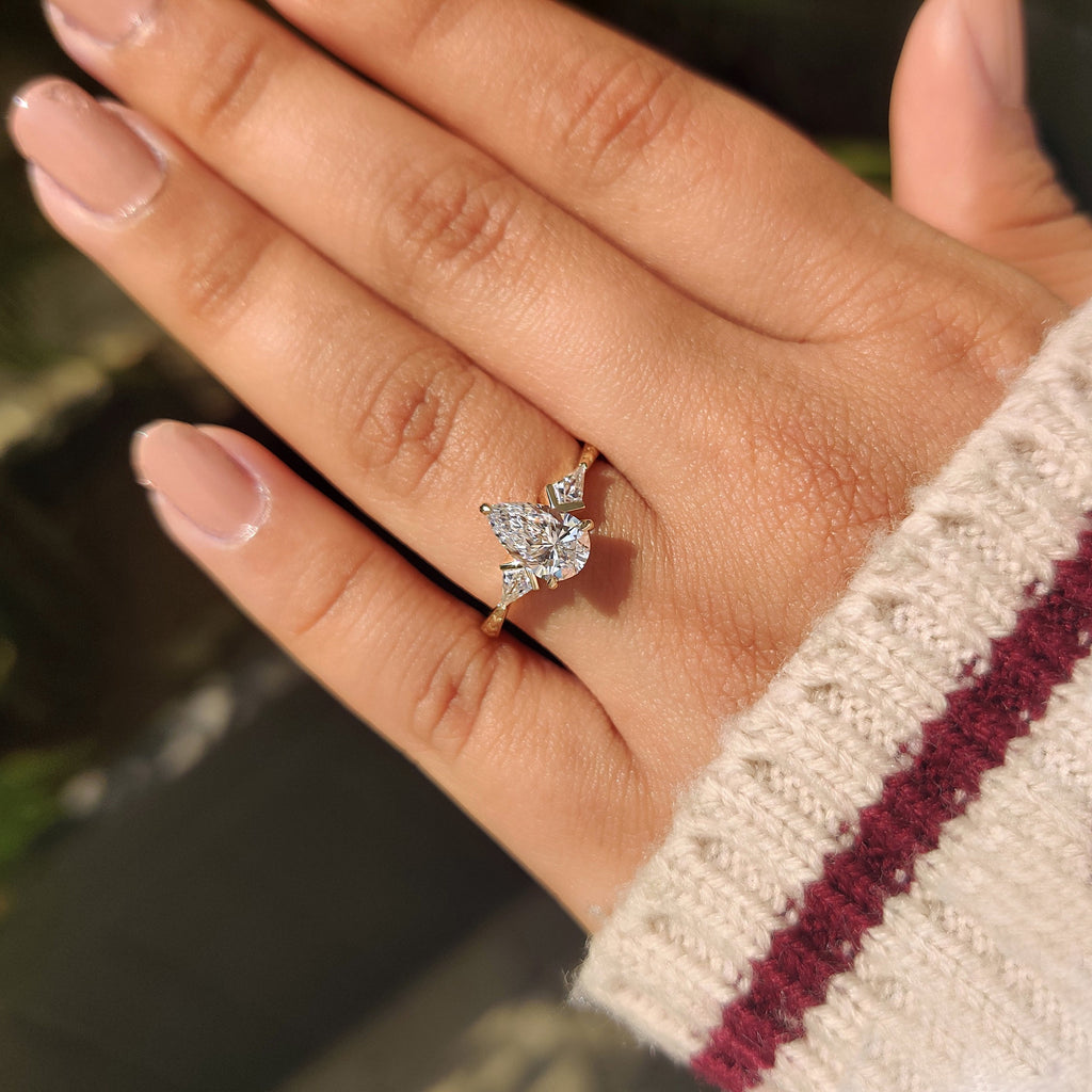Pear and Kite Cut Three Diamond Ring with Art Deco Band