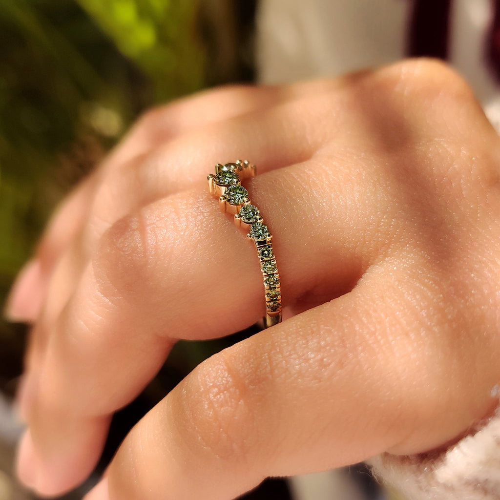 Green Round Diamond Half Eternity Wedding Band in Chevron Style