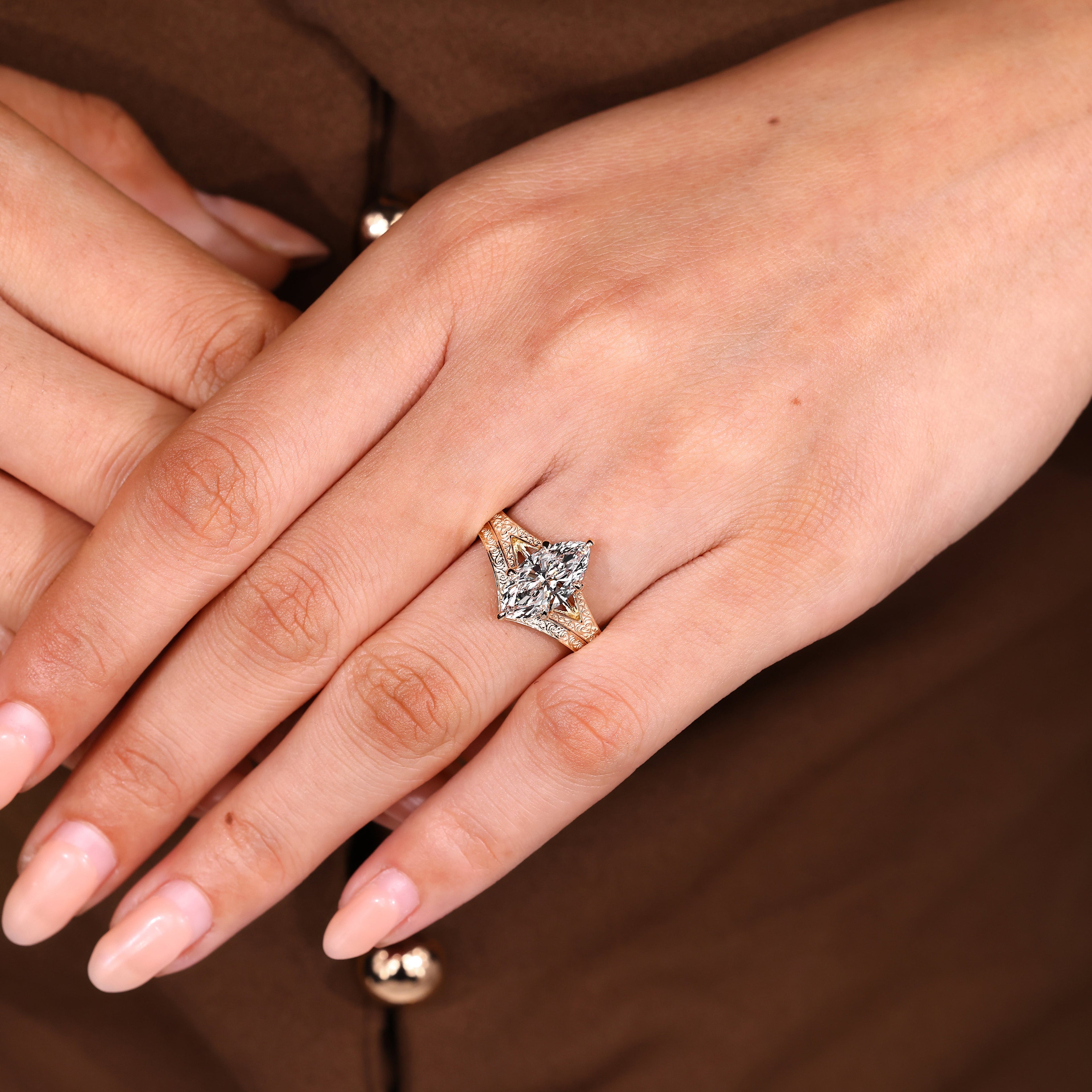 Vintage Marquise Engagement Ring Set with Curved Wedding Band