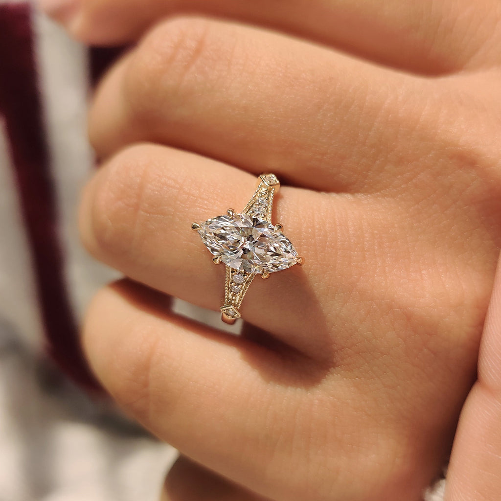 Marquise Cut Diamond Ring in Milgrain Details
