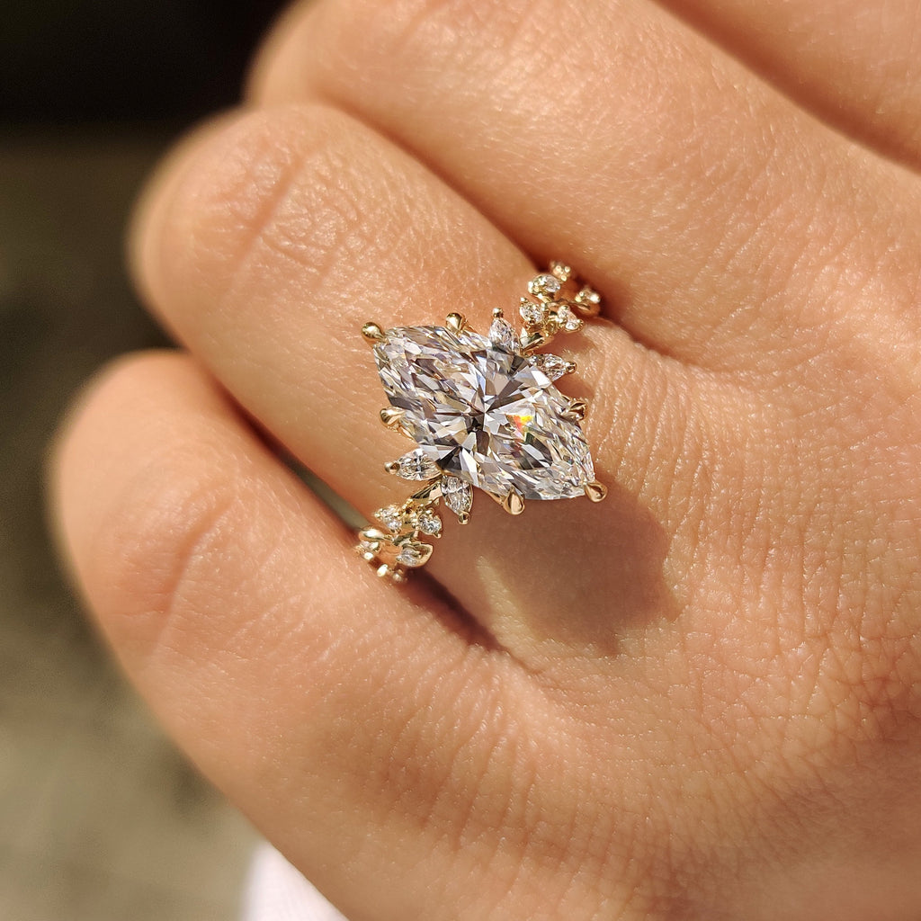Marquise Diamond Ring in Nature Inspired Setting