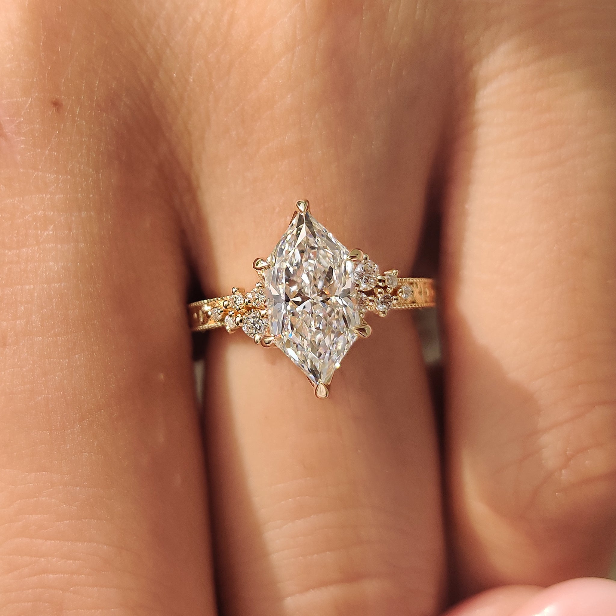 Dutch Marquise Diamond Ring with Hand Engraved Filigree Design