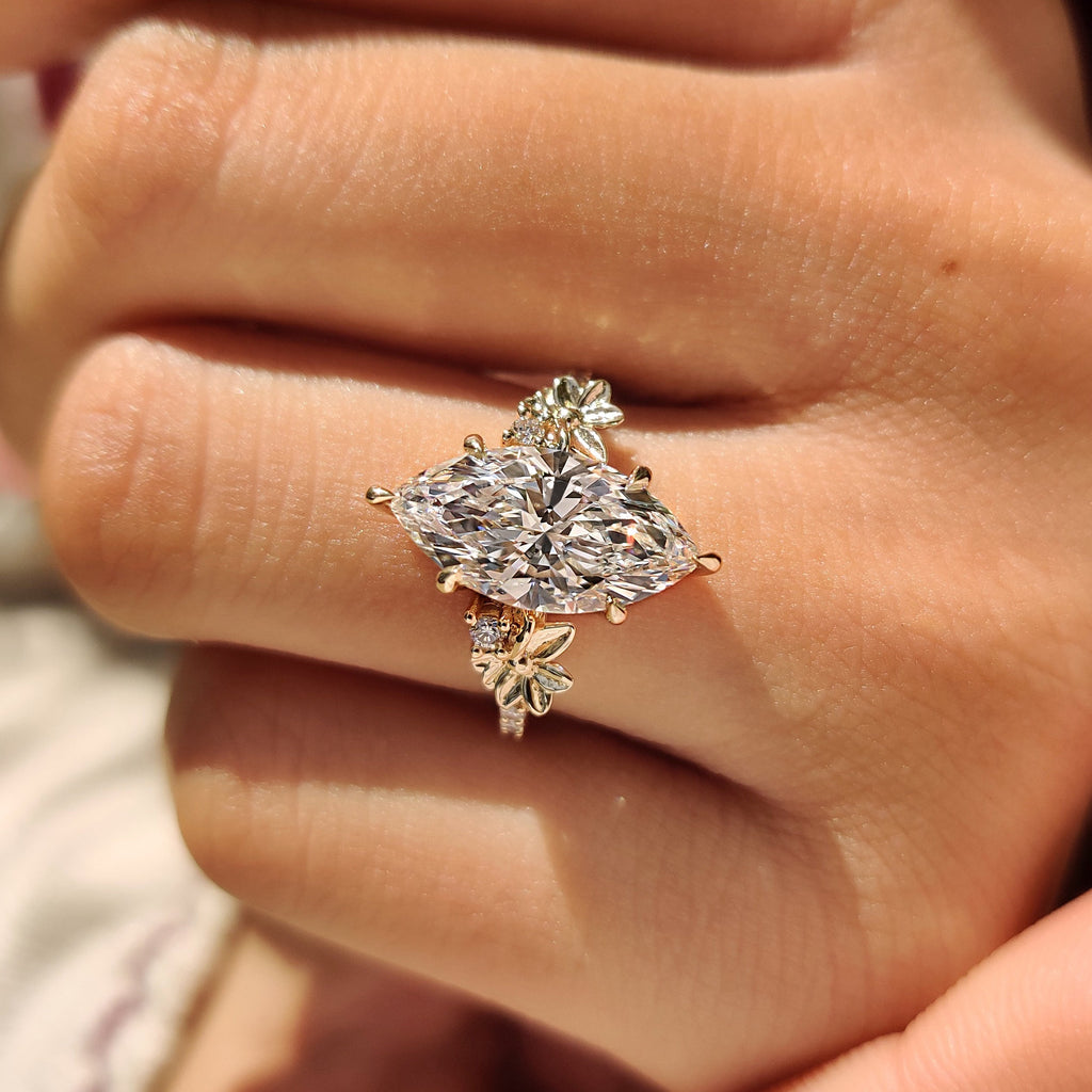 Nature Inspired Marquise Diamond Ring in Flower Detailing