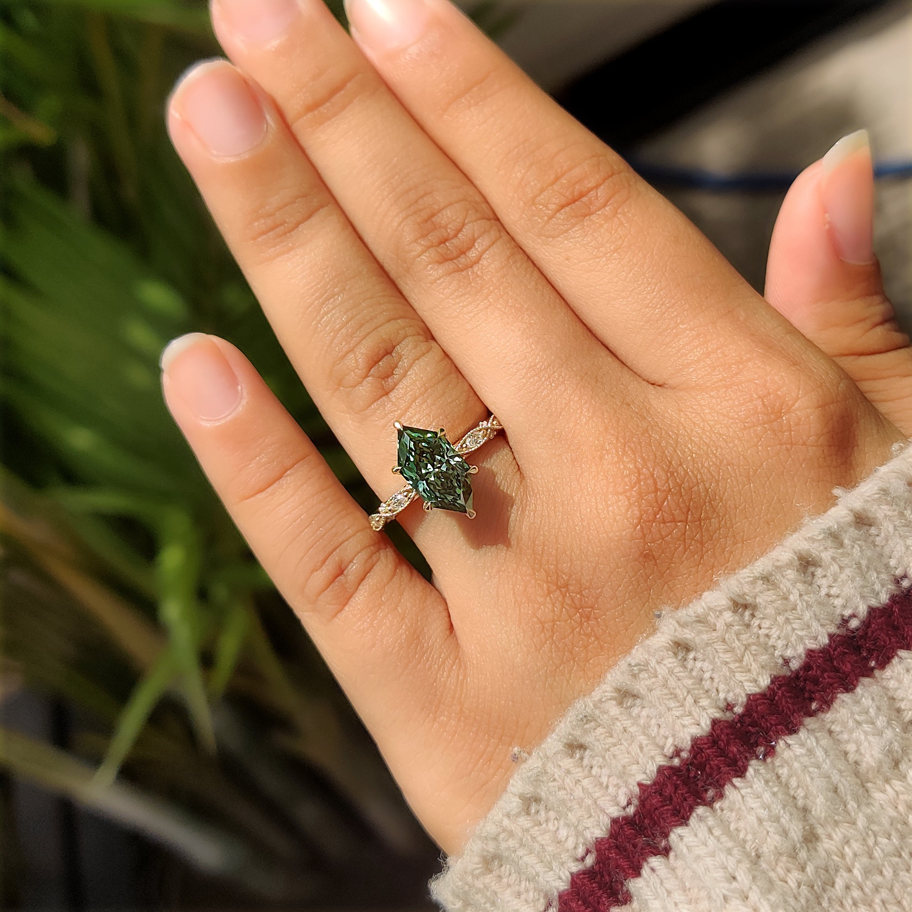 Green Dutch Marquise Engagement Ring with Milgrain Details