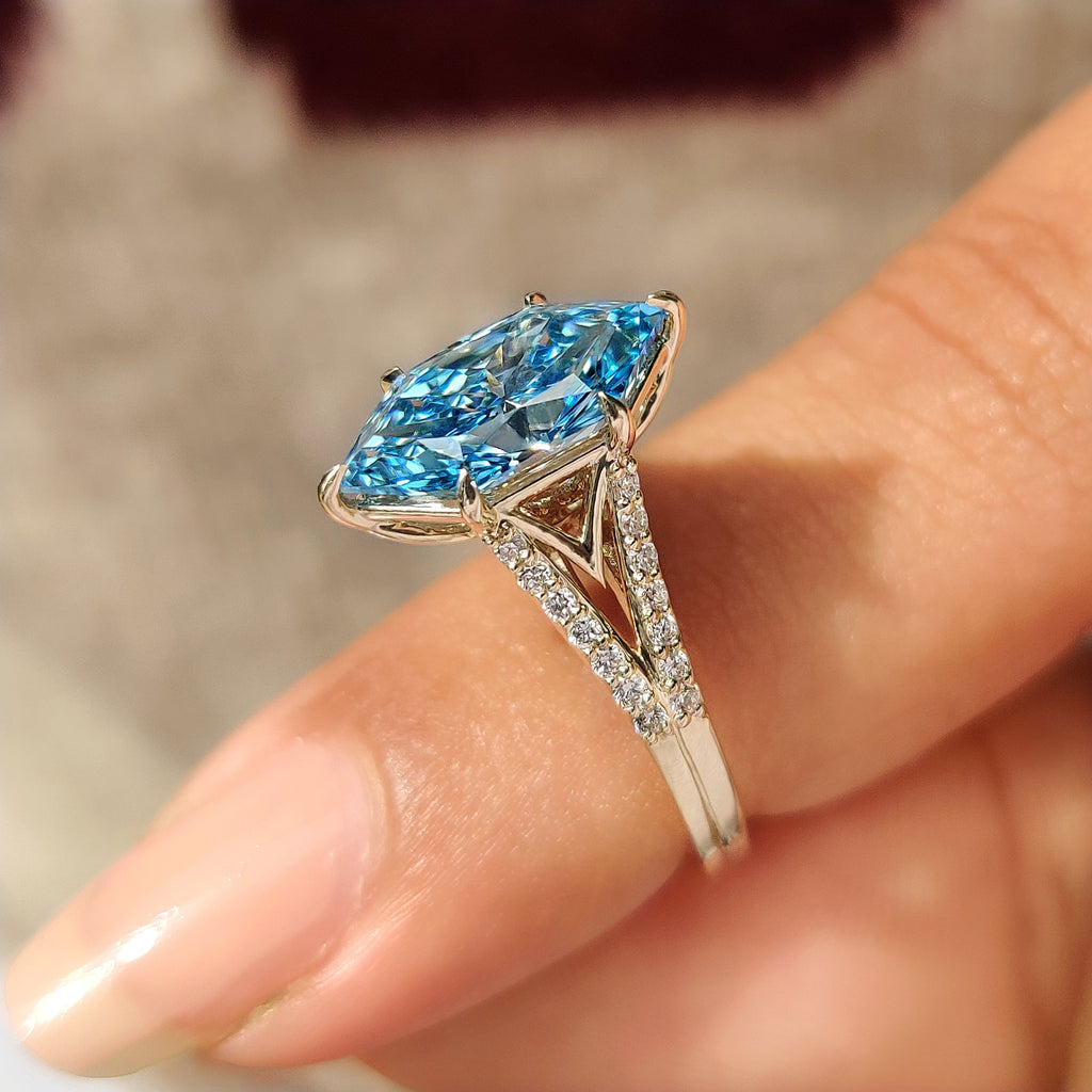 Blue Dutch Marquise Diamond Ring In Split Shank
