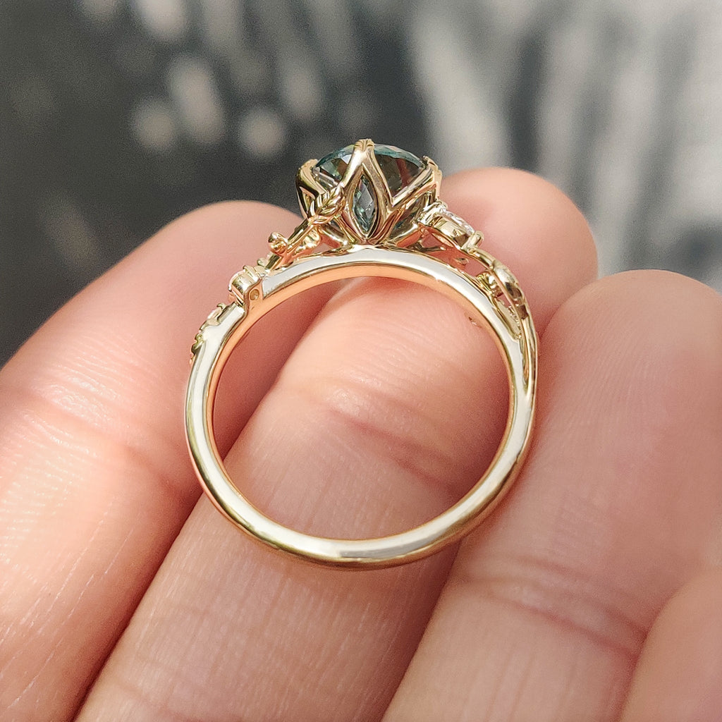 Nature Inspired Cyan Blue Portuguese Cut Moissanite Ring in Tulip Setting