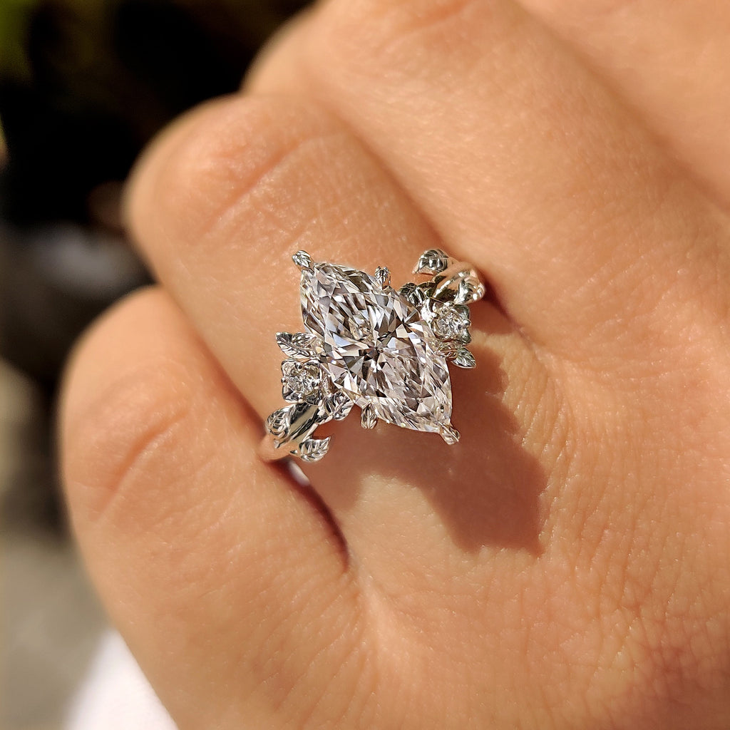 Nature Inspired Marquise Cut Engagement Ring in Floral Details