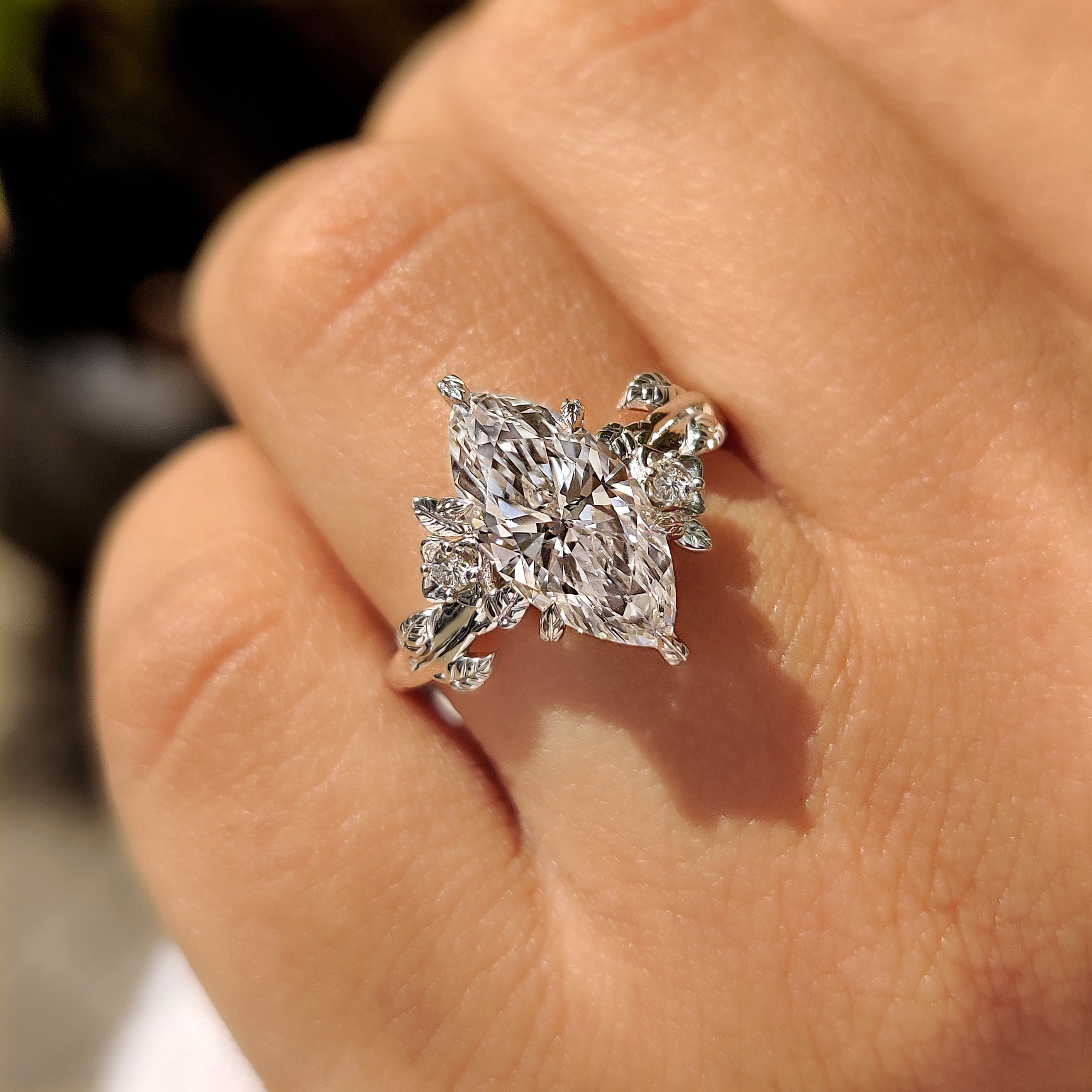 Nature Inspired Marquise Cut Engagement Ring in Floral Details