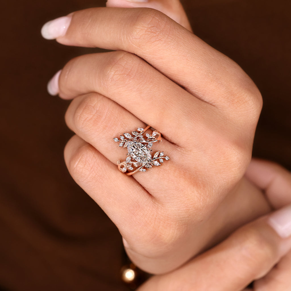 Dutch Marquise Ring with Enhancer Band Nature Inspired Bridal Set