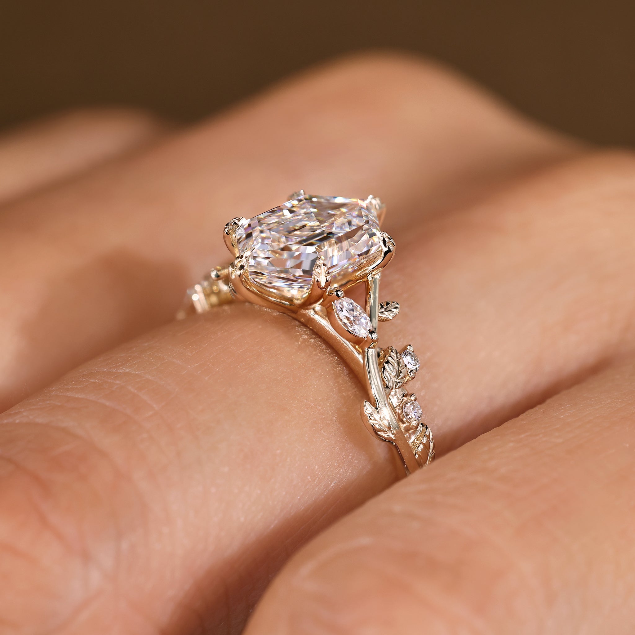 Nature Inspired Ring with Elongated Hexagon Step Cut Diamond