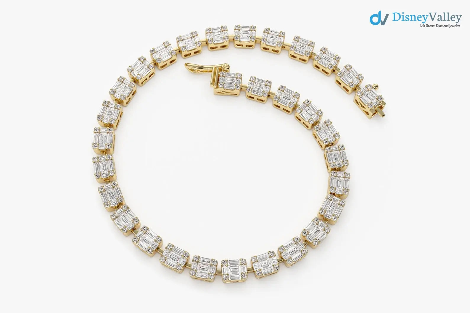 Solid Gold Baguette and Round Diamond Illusion Setting Diamond tennis Bracelet - DisneyValley Image principale du produit
