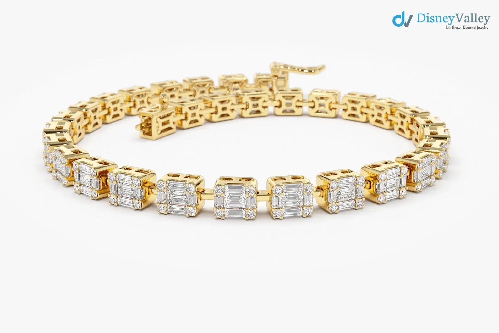 Solid Gold Baguette and Round Diamond Illusion Setting Diamond tennis Bracelet - DisneyValley