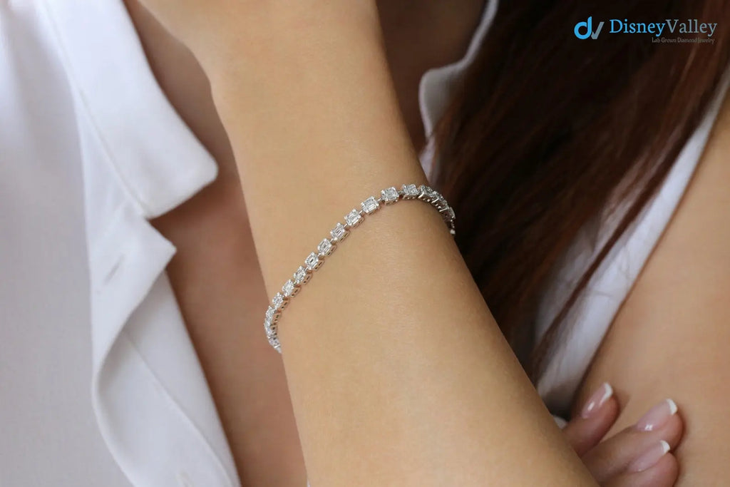 Solid Gold Baguette and Round Diamond Illusion Setting Diamond tennis Bracelet - DisneyValley
