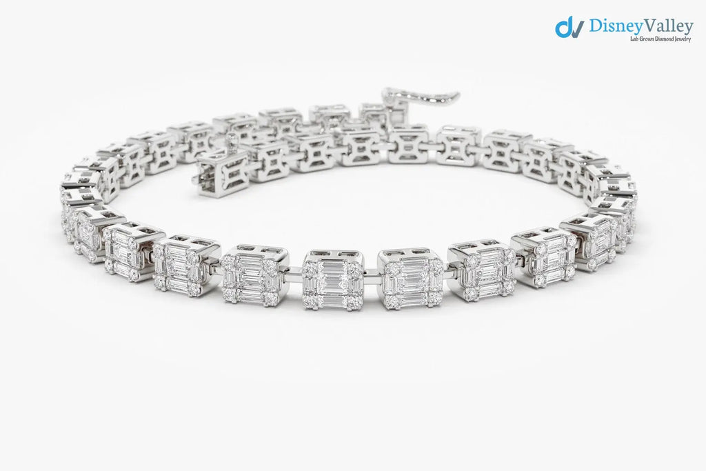 Solid Gold Baguette and Round Diamond Illusion Setting Diamond tennis Bracelet - DisneyValley