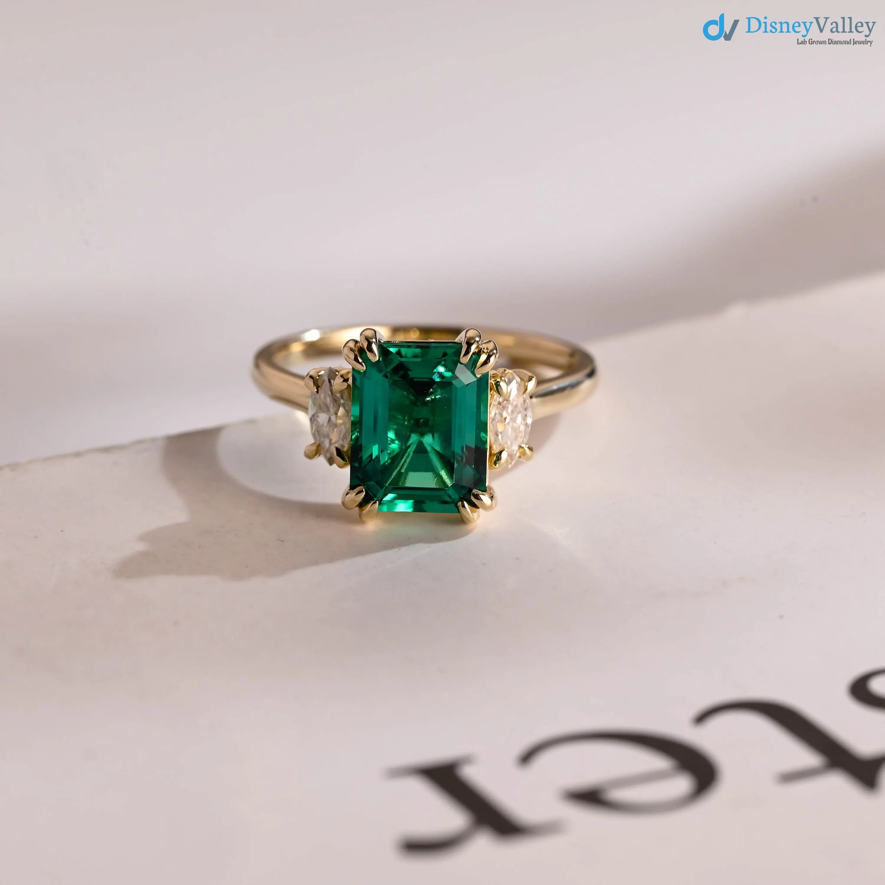 Solid Gold Lab Grown Emerald Three Stone Engagement Ring - DisneyValley Main image