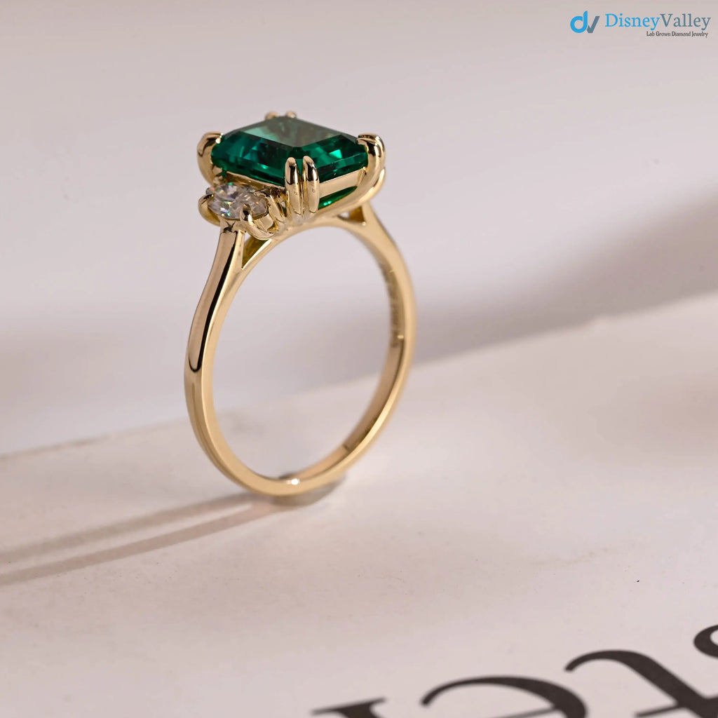 Solid Gold Lab Grown Emerald Three Stone Engagement Ring - DisneyValley