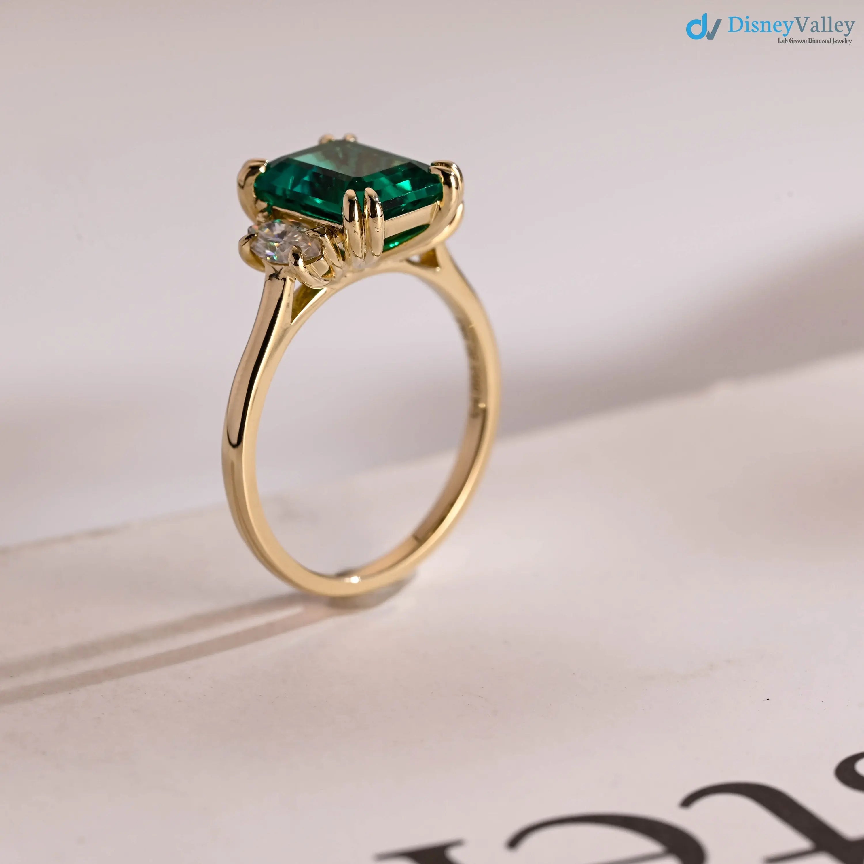 Solid Gold Lab Grown Emerald Three Stone Engagement Ring - DisneyValley