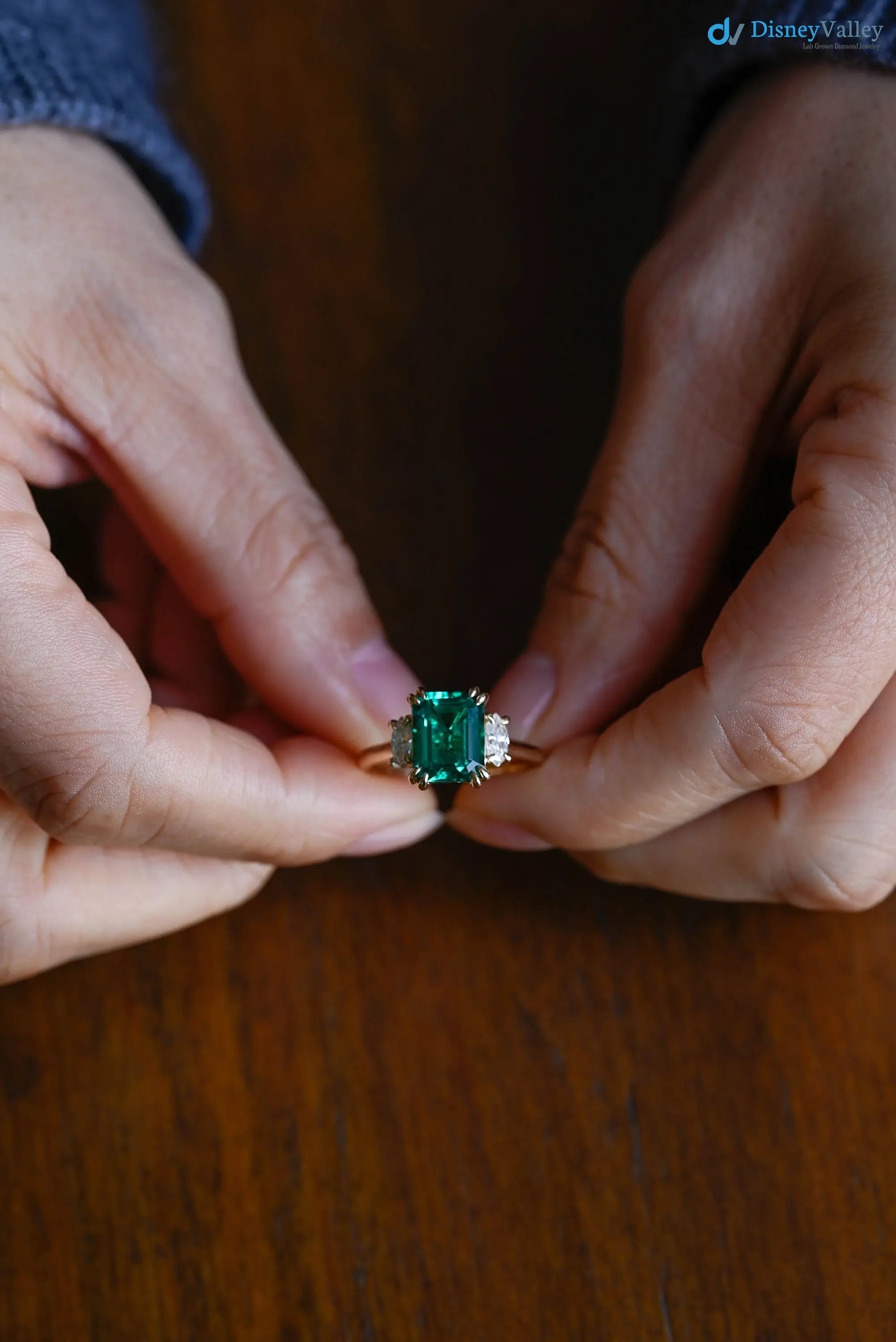 Solid Gold Lab Grown Emerald Three Stone Engagement Ring - DisneyValley