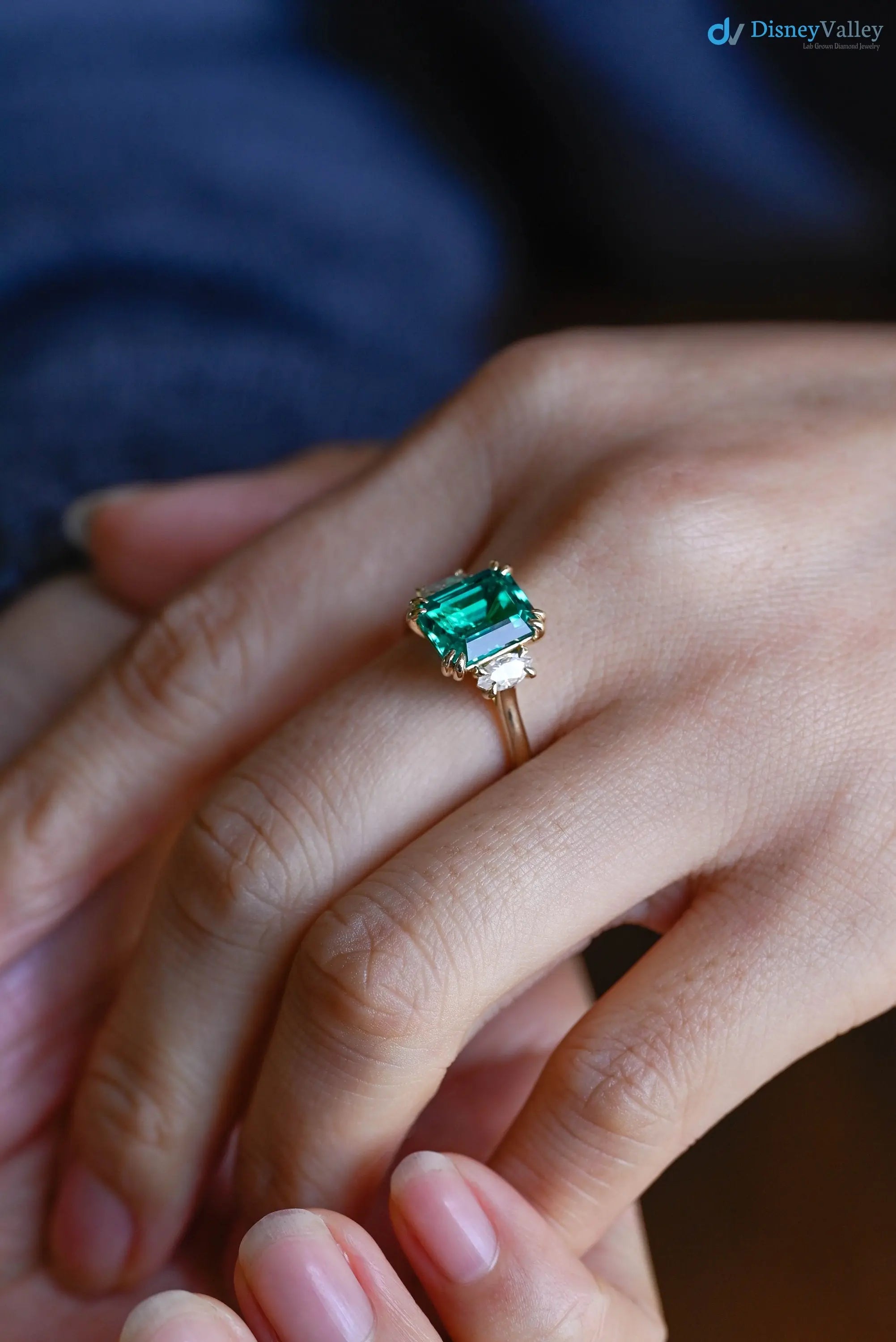 Solid Gold Lab Grown Emerald Three Stone Engagement Ring - DisneyValley