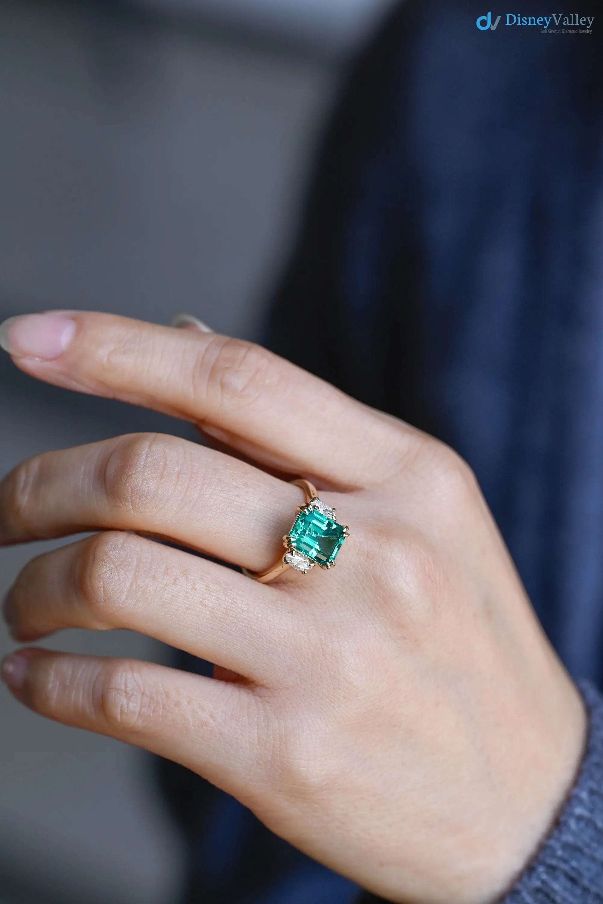 Solid Gold Lab Grown Emerald Three Stone Engagement Ring - DisneyValley