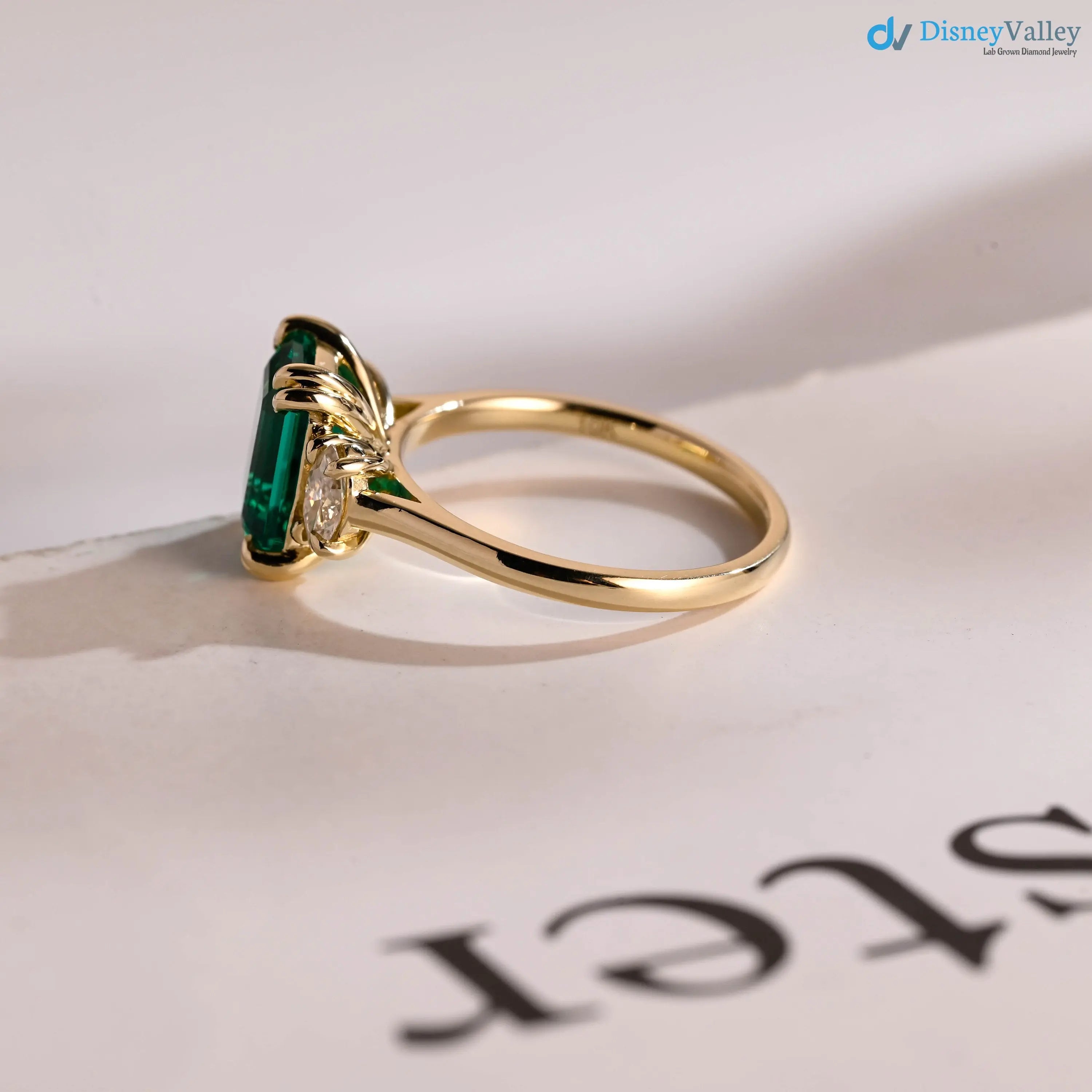 Solid Gold Lab Grown Emerald Three Stone Engagement Ring - DisneyValley