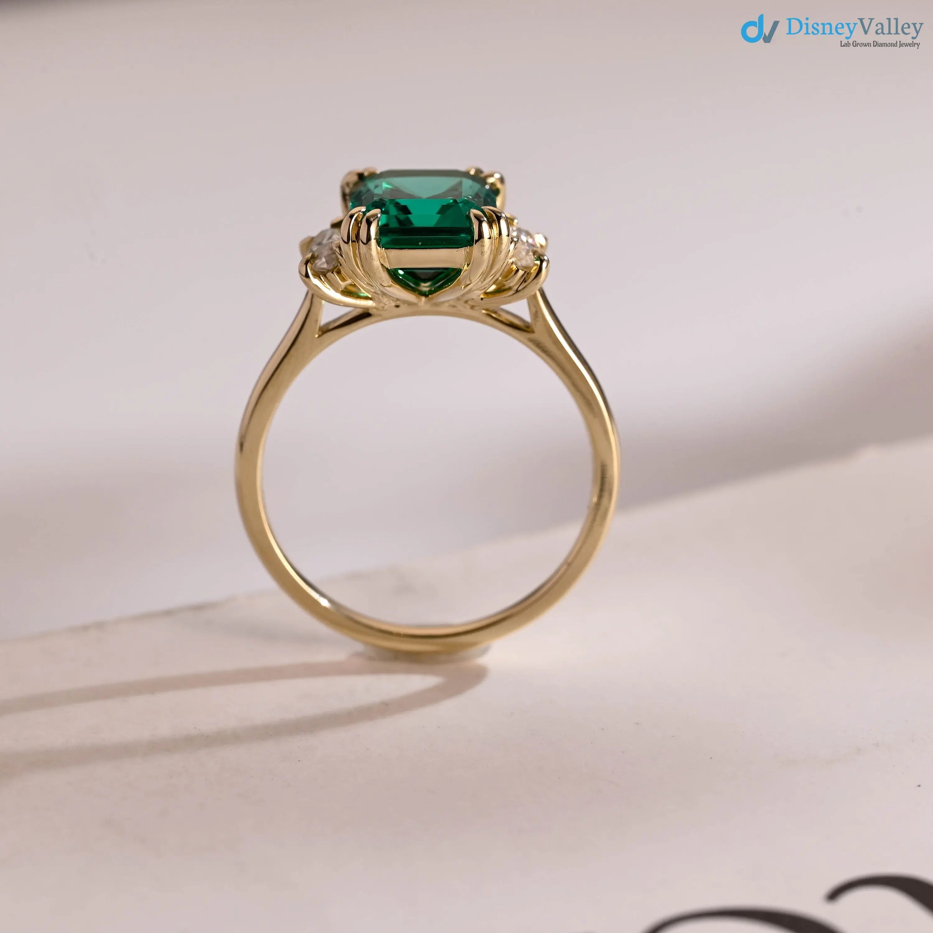 Solid Gold Lab Grown Emerald Three Stone Engagement Ring - DisneyValley