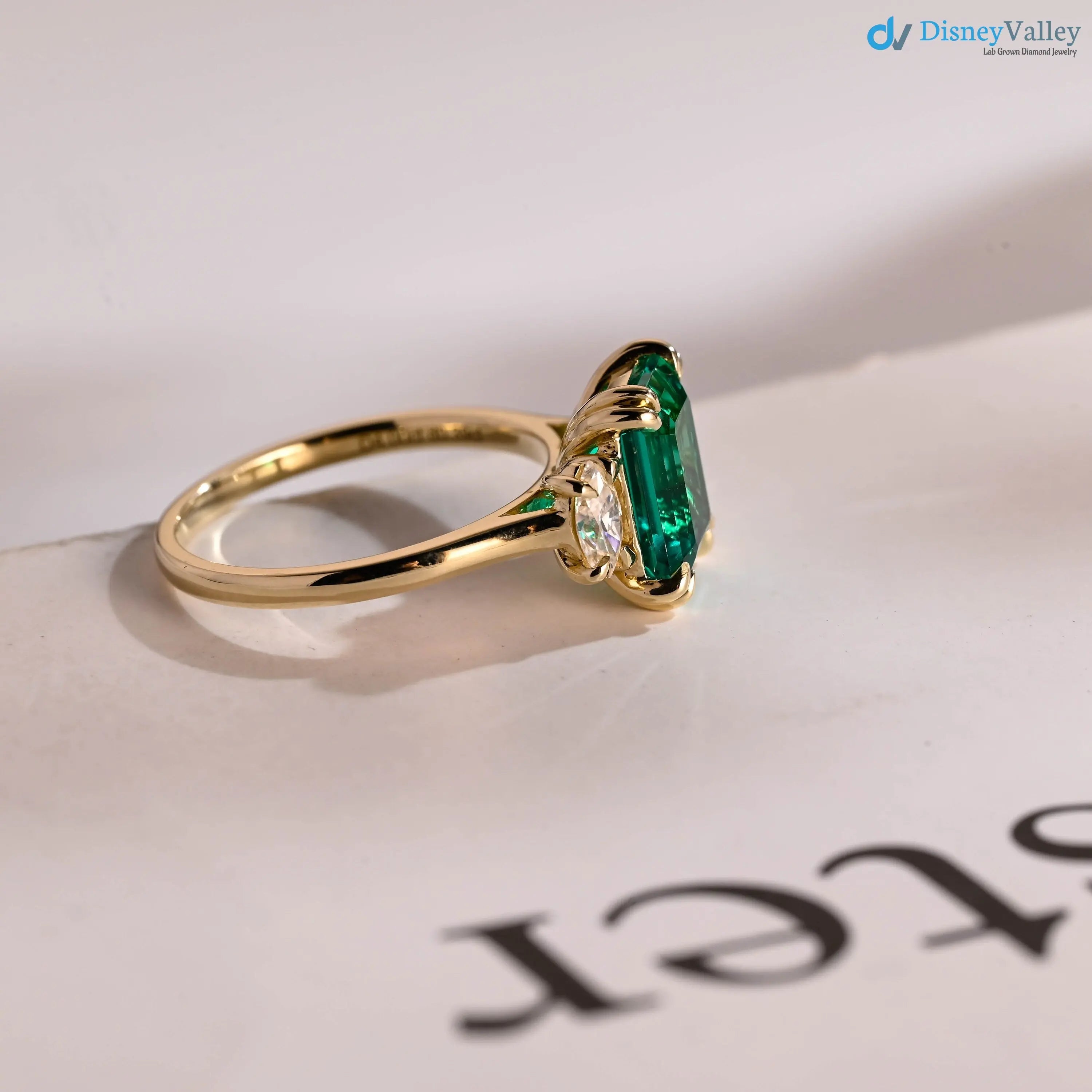 Solid Gold Lab Grown Emerald Three Stone Engagement Ring - DisneyValley