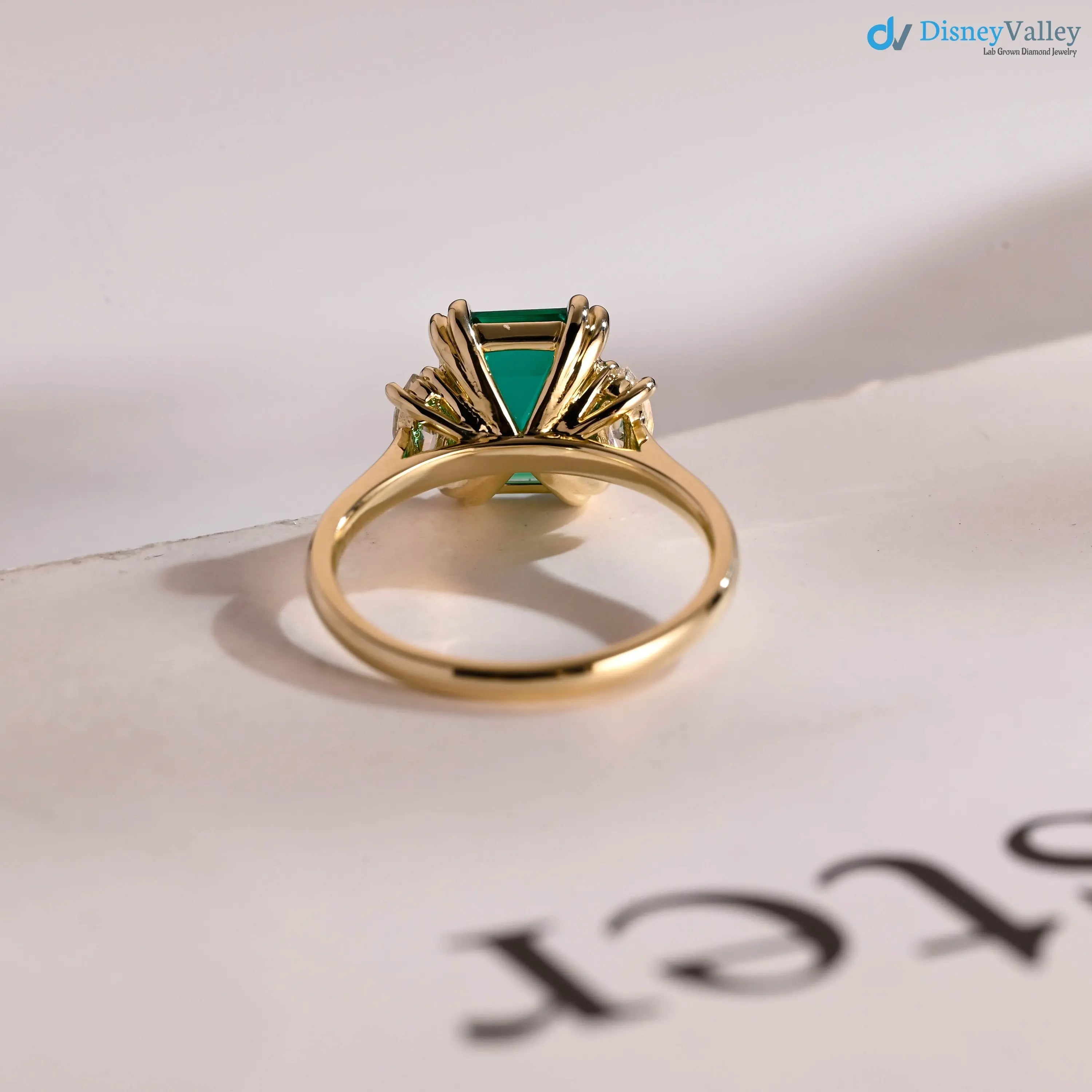 Solid Gold Lab Grown Emerald Three Stone Engagement Ring - DisneyValley