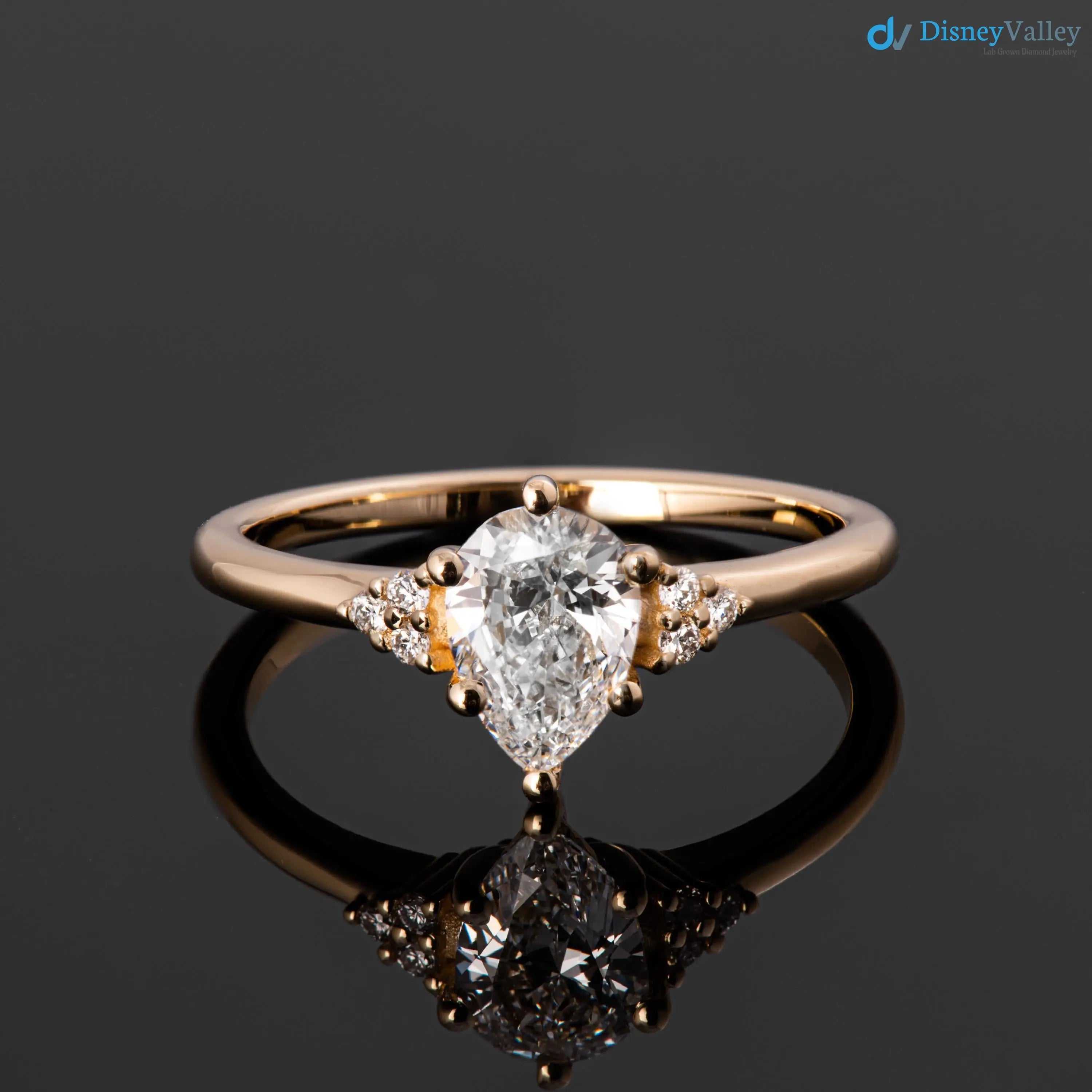 Solid Gold Pear lab grown Diamond Engagement Ring with Side Diamonds - DisneyValley
