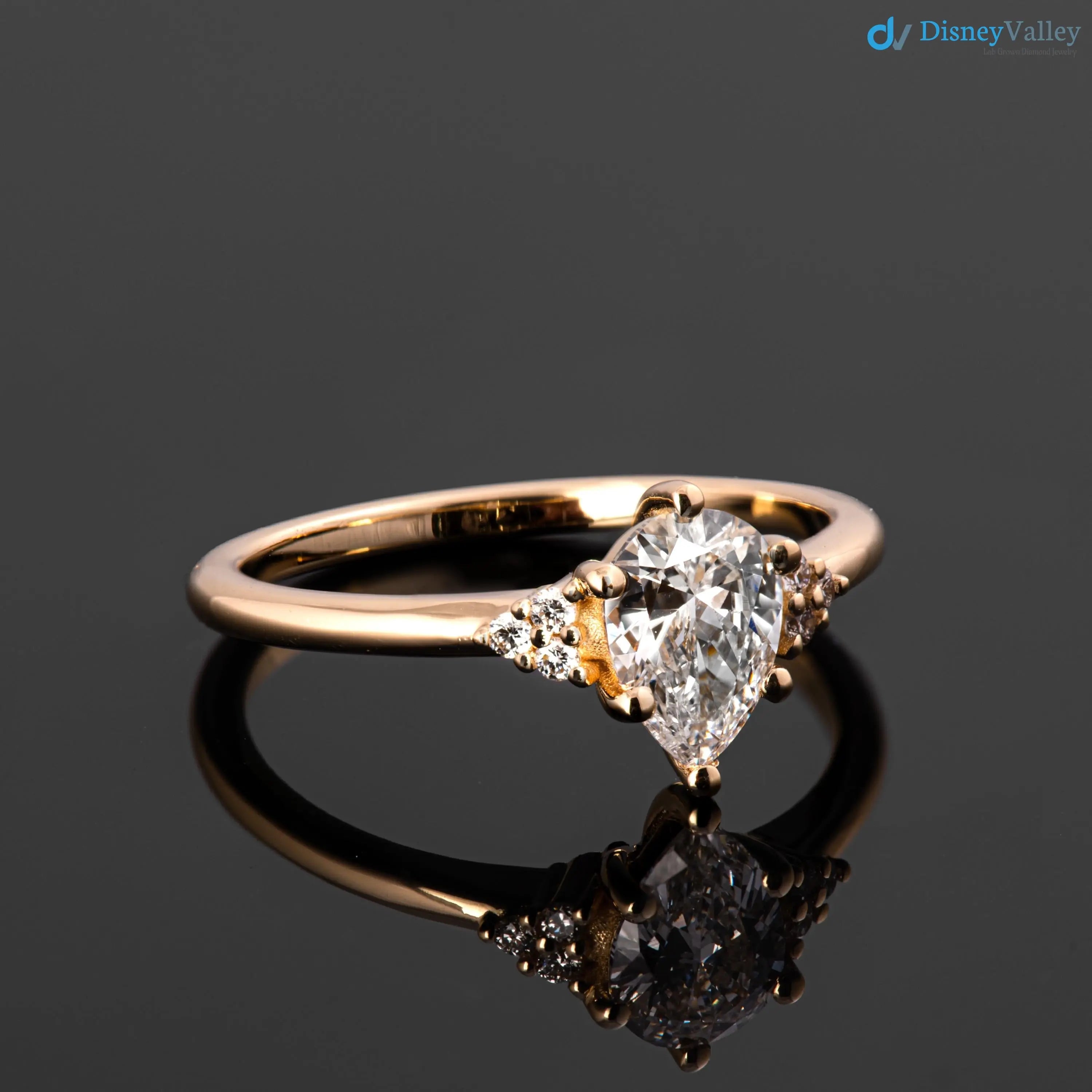 Solid Gold Pear lab grown Diamond Engagement Ring with Side Diamonds - DisneyValley