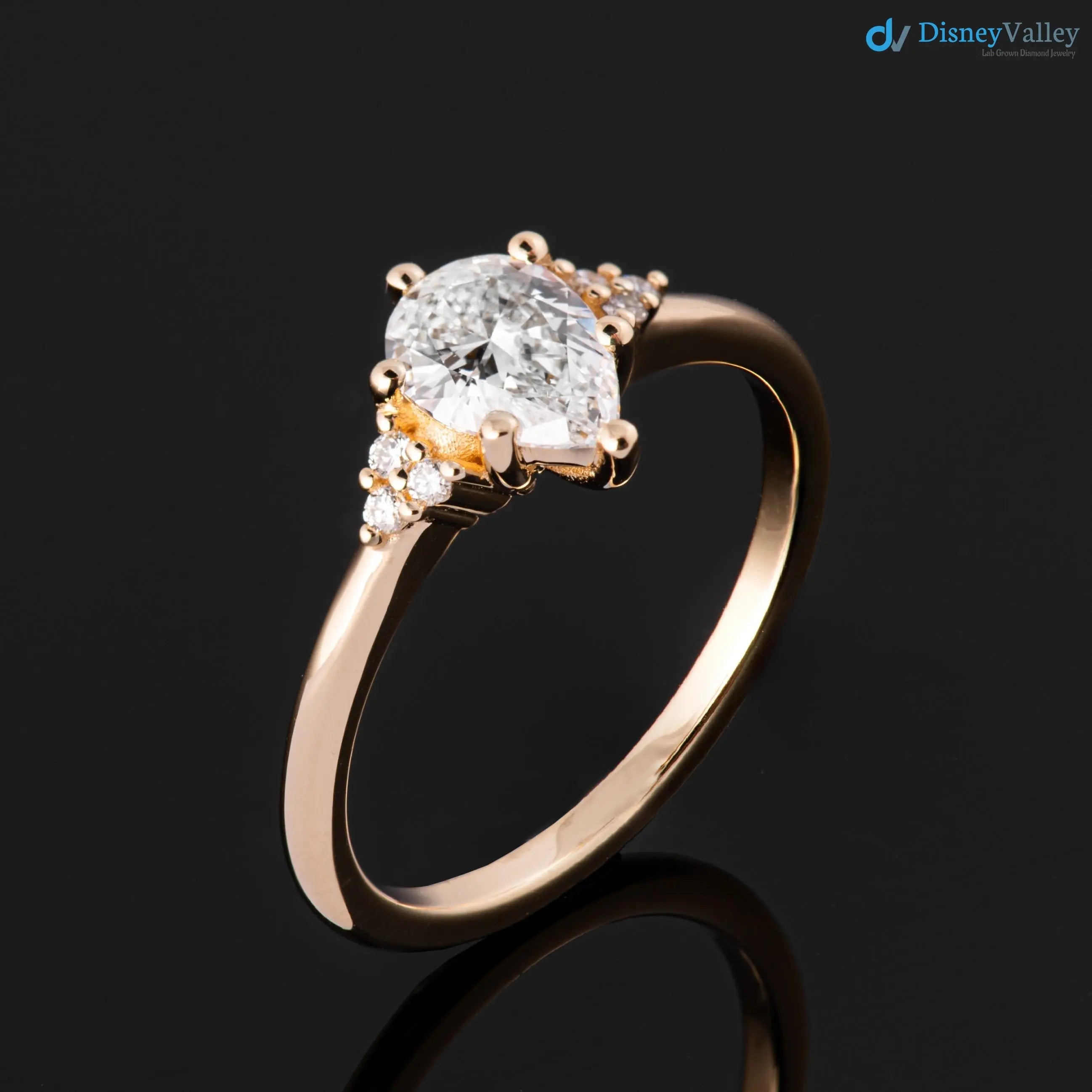 Solid Gold Pear lab grown Diamond Engagement Ring with Side Diamonds - DisneyValley