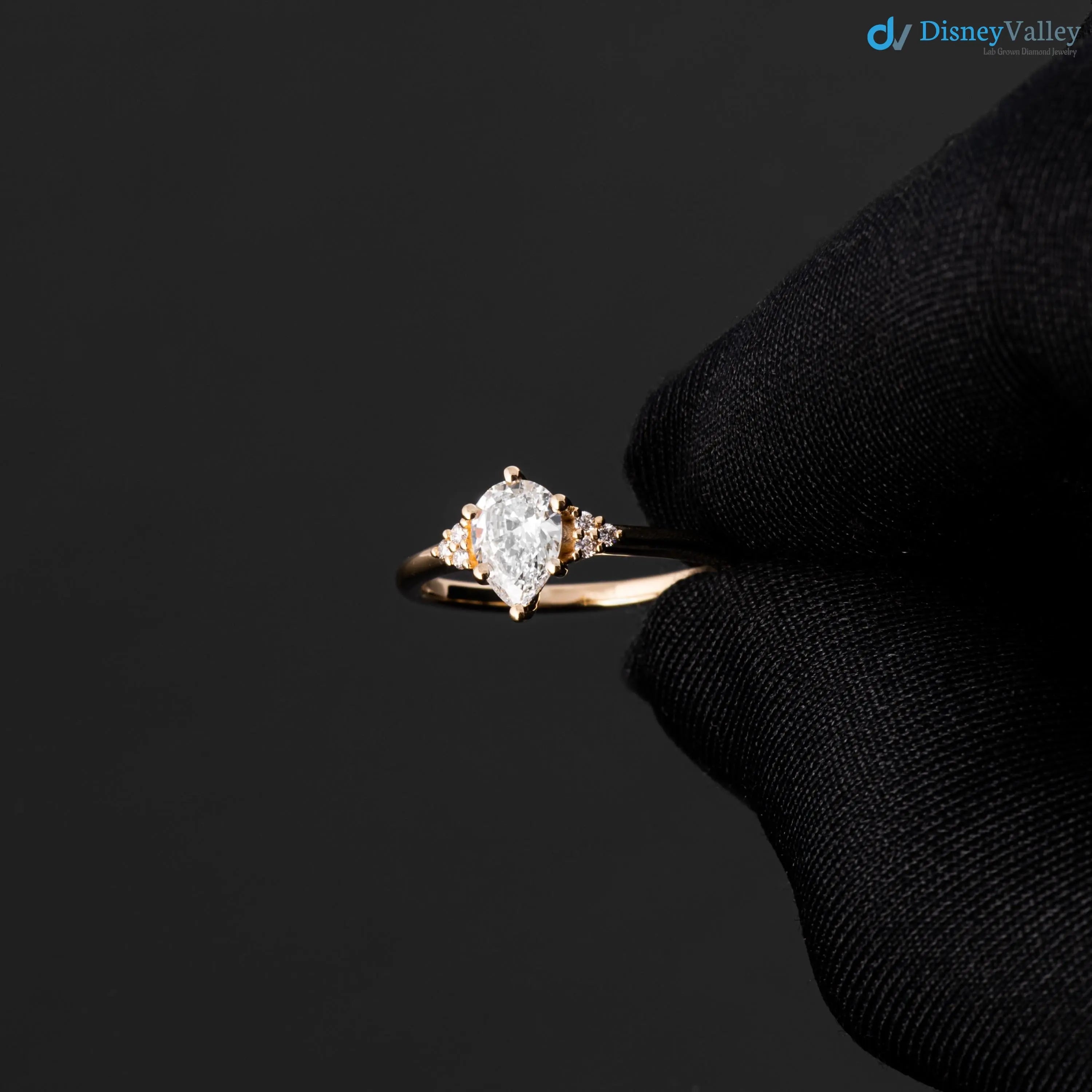 Solid Gold Pear lab grown Diamond Engagement Ring with Side Diamonds - DisneyValley