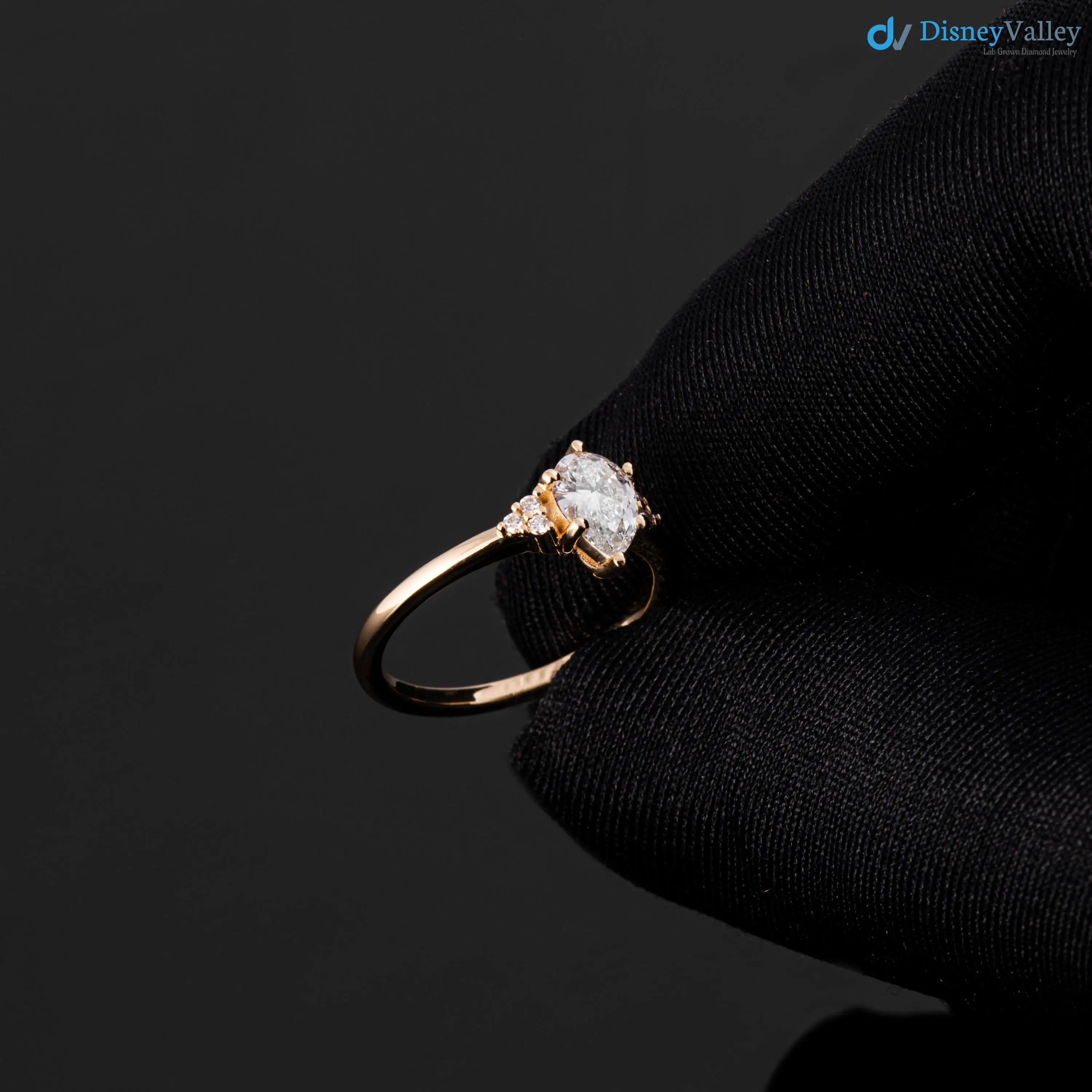 Solid Gold Pear lab grown Diamond Engagement Ring with Side Diamonds - DisneyValley