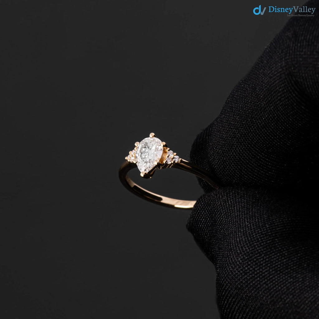Solid Gold Pear lab grown Diamond Engagement Ring with Side Diamonds - DisneyValley